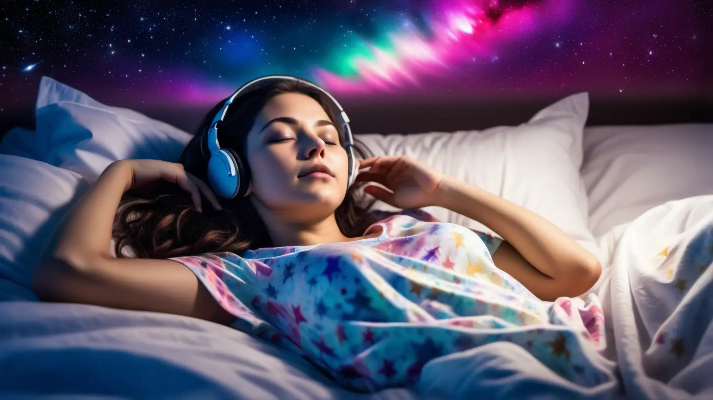 Background with various positive colors from the universe, well-lit, featuring stars, auroras borealis, and vibrant hues in high resolution. In front of this background, a woman is peacefully sleeping, lying on her back, showcasing her from the waist up as the main focus of the image. She is beautiful, with fair skin, straight dark hair, and wearing white sleepwear. She is asleep with headphones on.