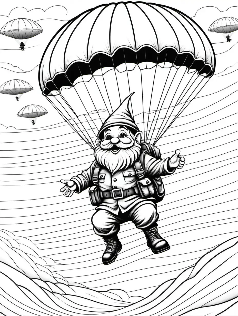Army Gnome Parachuting Coloring Page for Adults