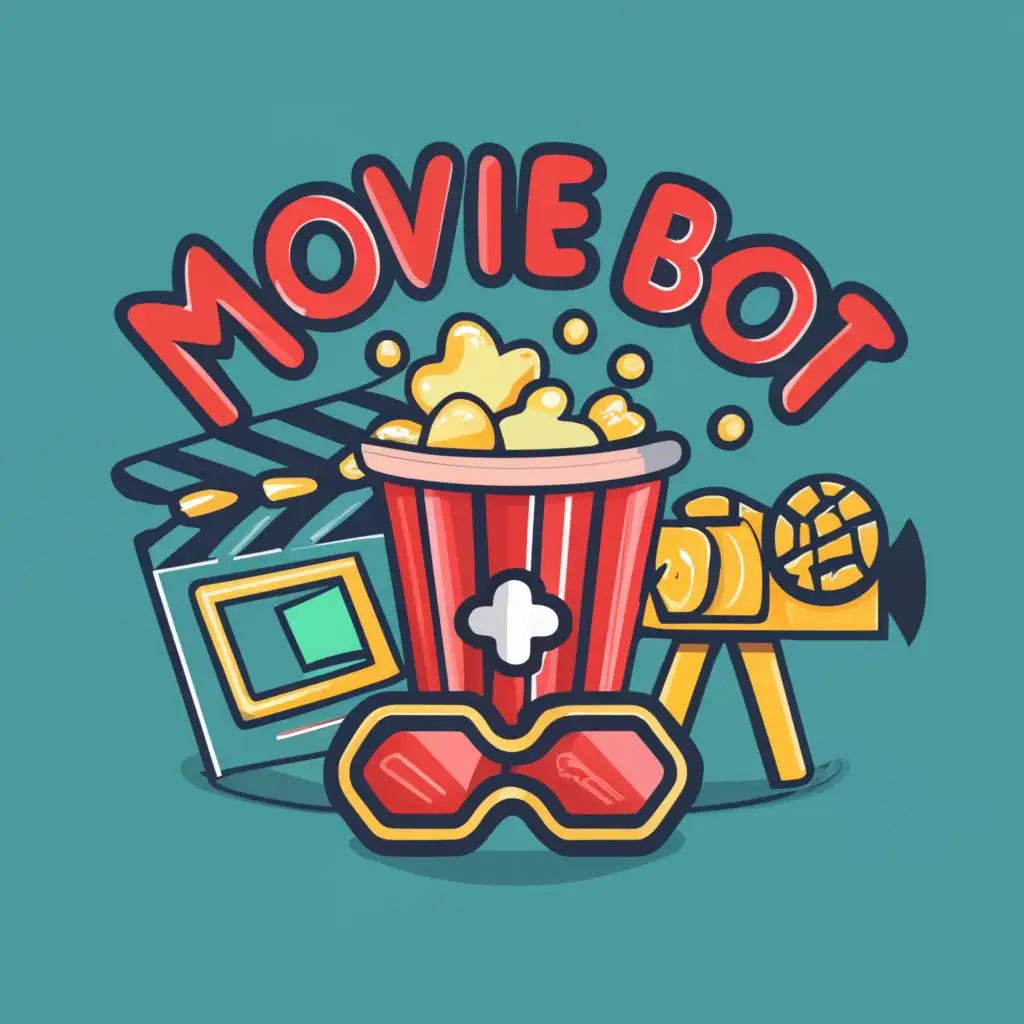 logo, popcorn, film glasses for watching film, and film camera, with the text "Movie Bot", typography, be used in Home Family industry