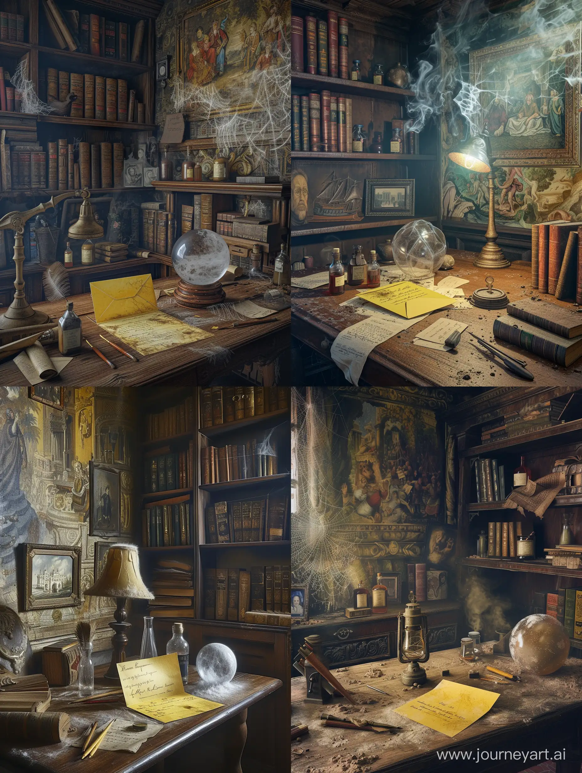 The walls of the study are adorned with faded murals and family portraits, and the dusty bookshelves are stacked with various ancient books, their spines covered in cobwebs. In the center of the room stands an antique wooden desk scattered with quill pens, ink bottles, and some yellowed parchment. An old oil lamp emits a faint glow, illuminating the yellowed, already opened letter on the desk. Next to the letter, a dust-filled crystal ball reflects every corner of the room.