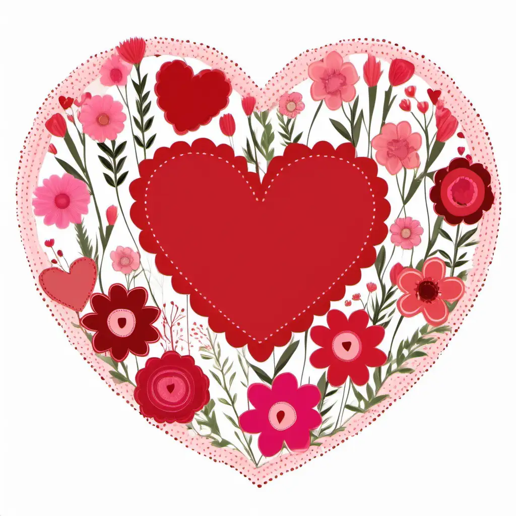 red and pink Valentine Scalloped  heart clipart with wild flowers inside on white background