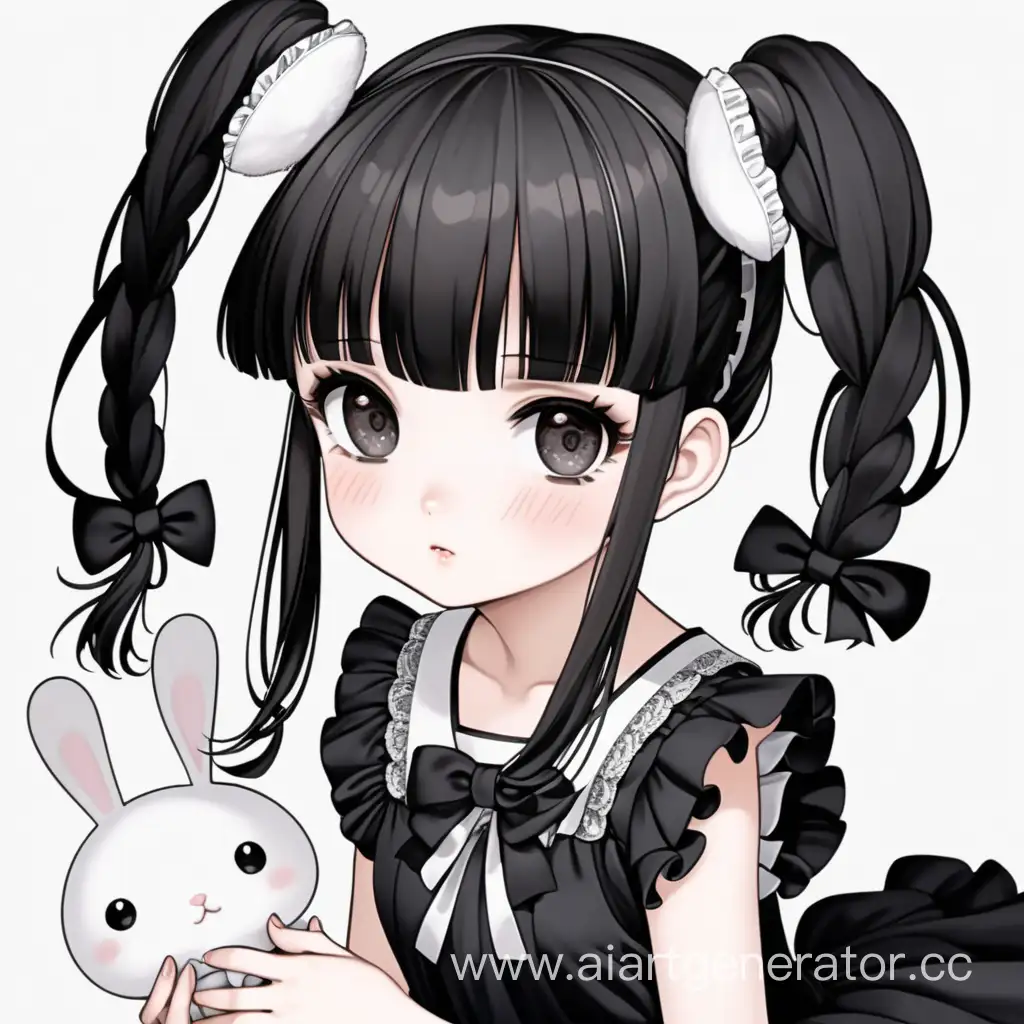 anime girl loli in lolita black sleep dress with black hair short pigtails and white bunny hairclips white skin color