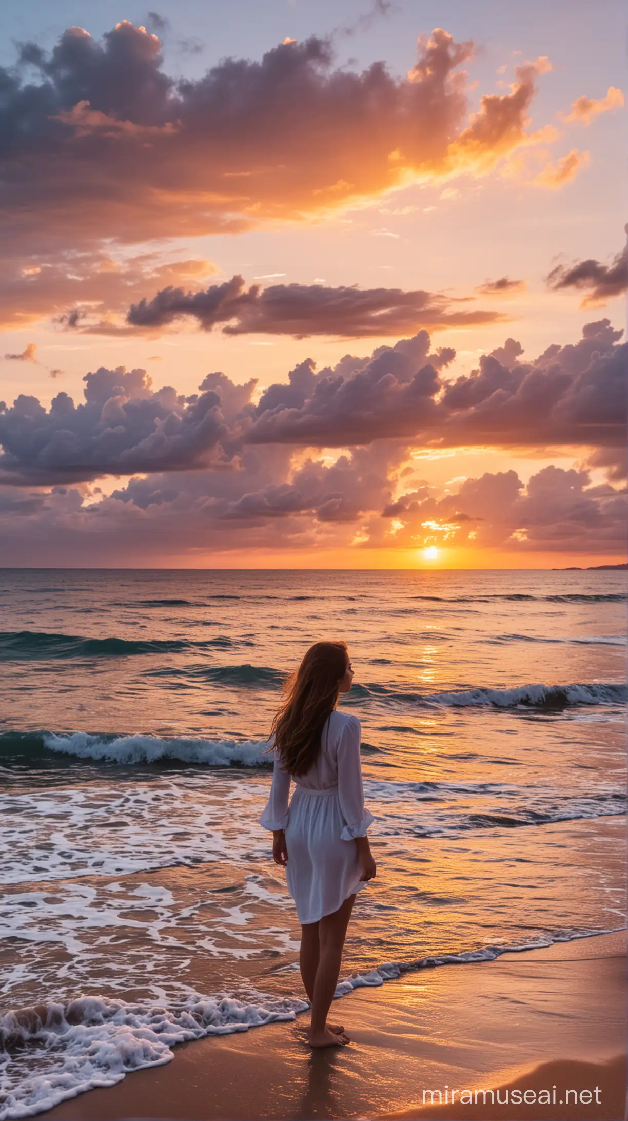 дівчина на березі моря дивиться на захід сонця на фоны гарного неба