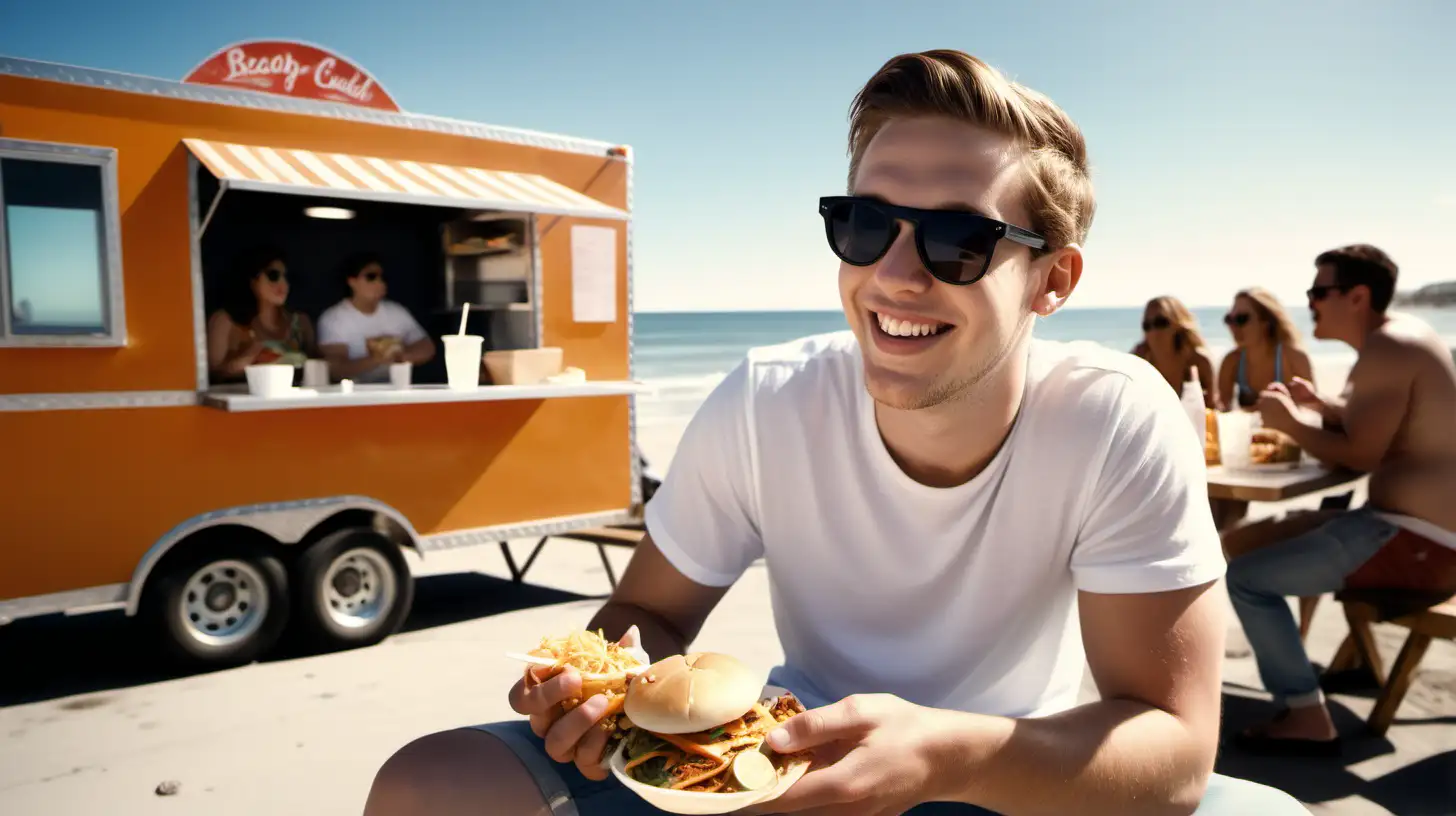 young white man sitting wearing sunglasses eating food truck food surrounded by people near beach, sunny, peaceful, smiling