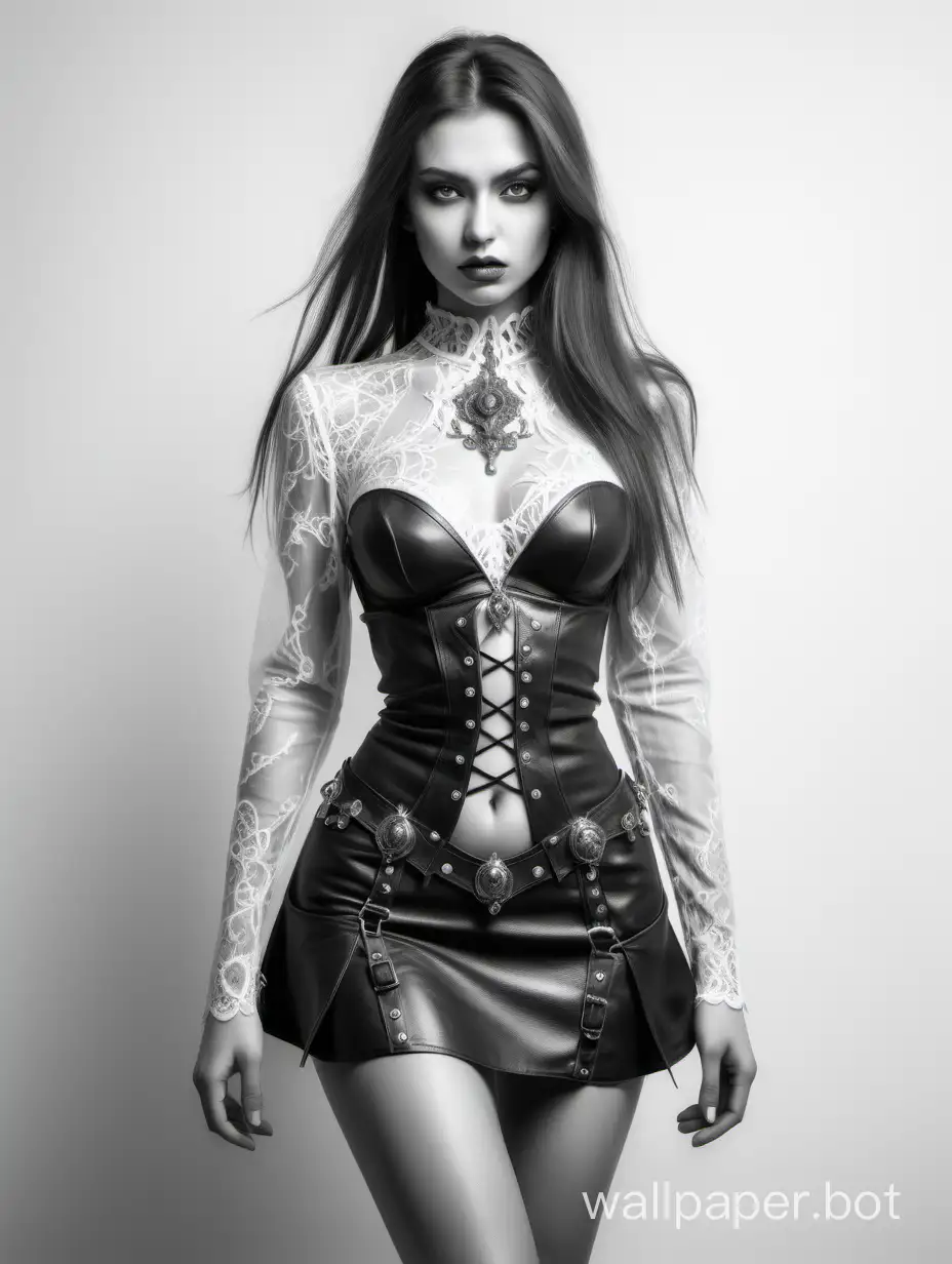 Irina Chashchina. young woman. chest 4 size. narrow waist. wide hips. transparent lace bodice. leather mini skirt with metal decorations. death mage. photo 4K. black and white sketch. white background. style nude fantasy