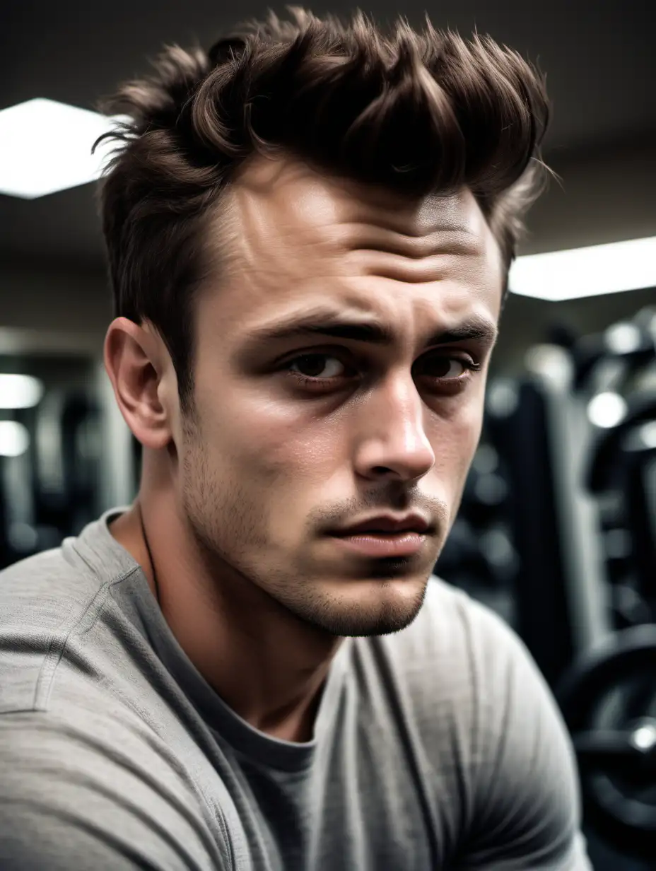 handsome 30-year-old man with short brown hair who looks like James Dean homemade picture poor contrast in the gym