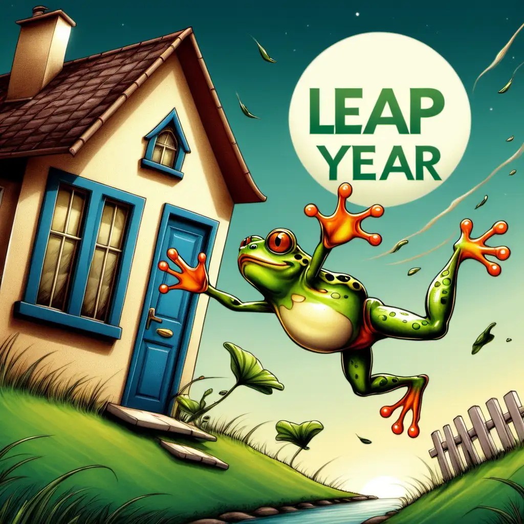 leap year image with a frog jumping over a house