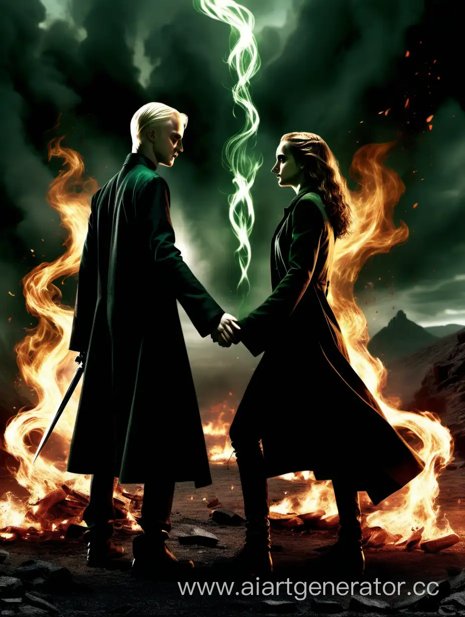 Драко Малфой и Гермиона дерутся за руки на поле боя против Пожирателей смерти, магия, любовь, вспышки света, огонь, тьма, кровь