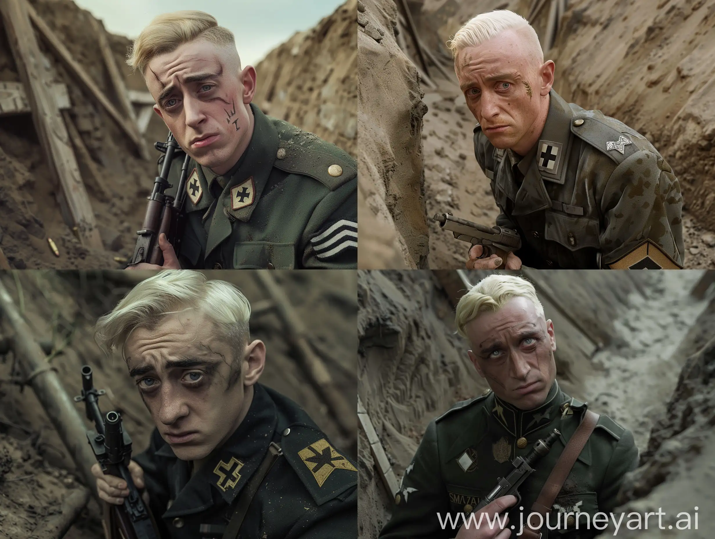 Draco-Malfoy-in-WW2-German-Military-Uniform-Holding-MP40-with-Slytherin-Trench-Background