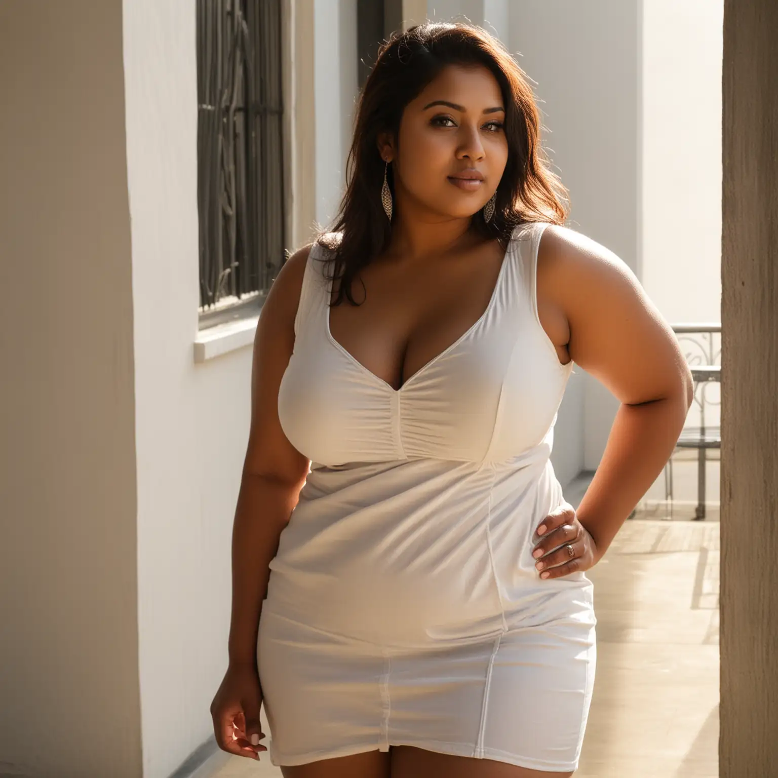 A stunningly sexy Bangladeshi BBW woman, with a curvy figure and a chubby waist, standing almost fully nude in the courtyard of a Penthouse. She's in a very sexy sleeveless blouse that accentuates her curves.  The sunlight casts dappled shadows across her skin, highlighting her beauty.