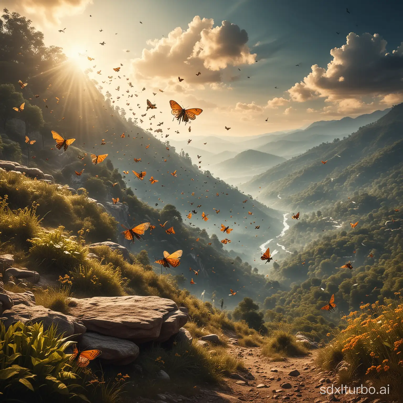 Enchanting-Fantasy-Swarm-of-Ethereal-Insects-Soaring-Above-a-Majestic-Hill-Station