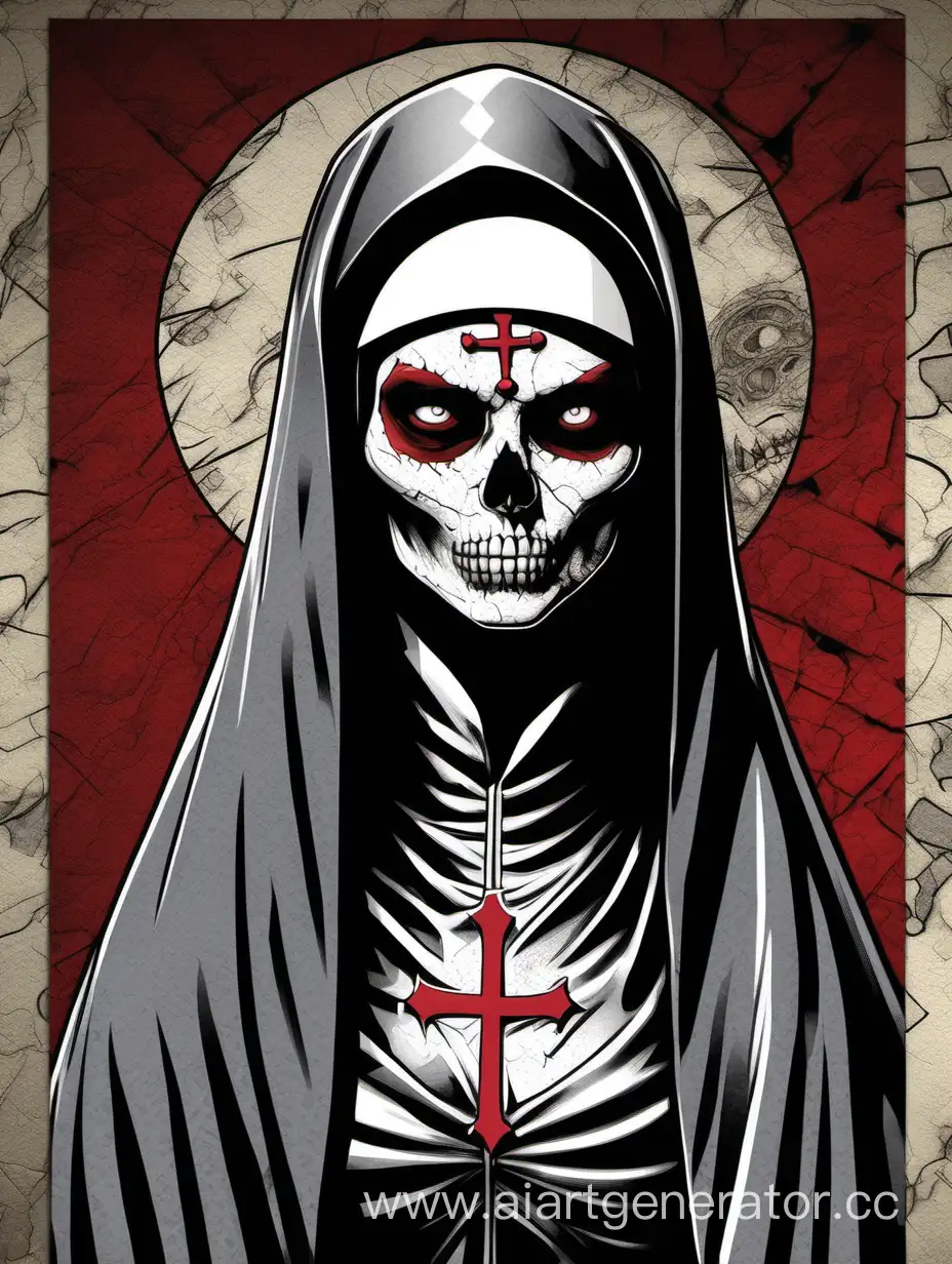 skull nun, sexy skull , assimetrical, tizziano poster, textured paper, hiperdetailed , black,gray, red, comic book art
