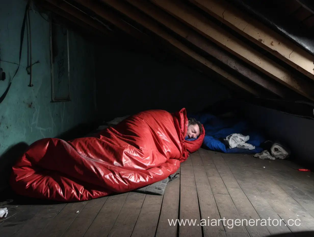 Homeless-Person-Sleeping-in-Dusty-Red-Sleeping-Bag-in-St-Petersburg-Attic