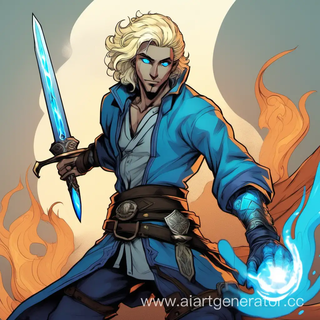 Low saturation. D&D blond, roguish human man hexblade with blue eye and waved back hair. Like 
Lucio from Arcana. Holding a blue-flaming sword.
