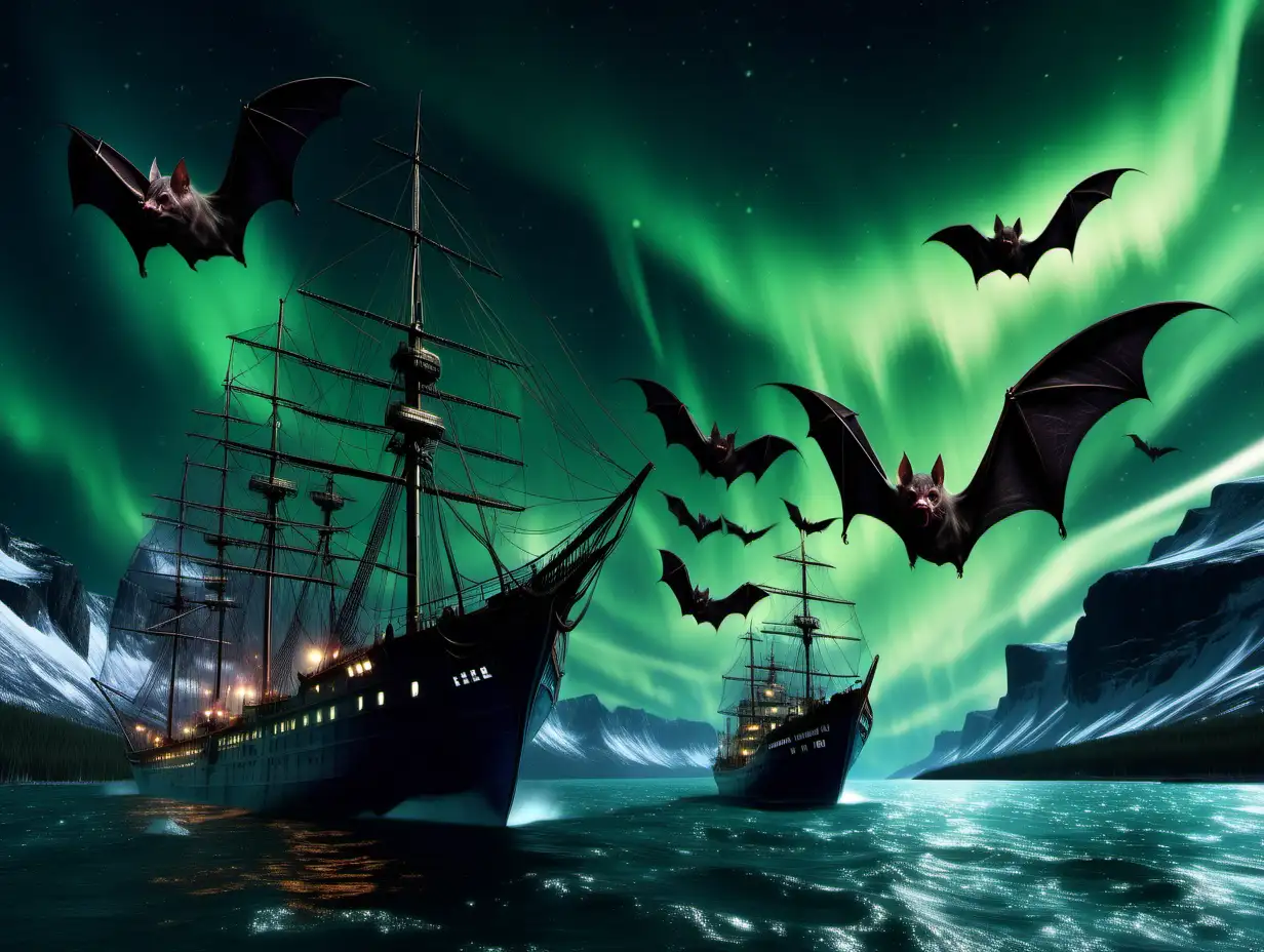 vampire bats hovering over ships sailing near the aurora borealis photorealistic