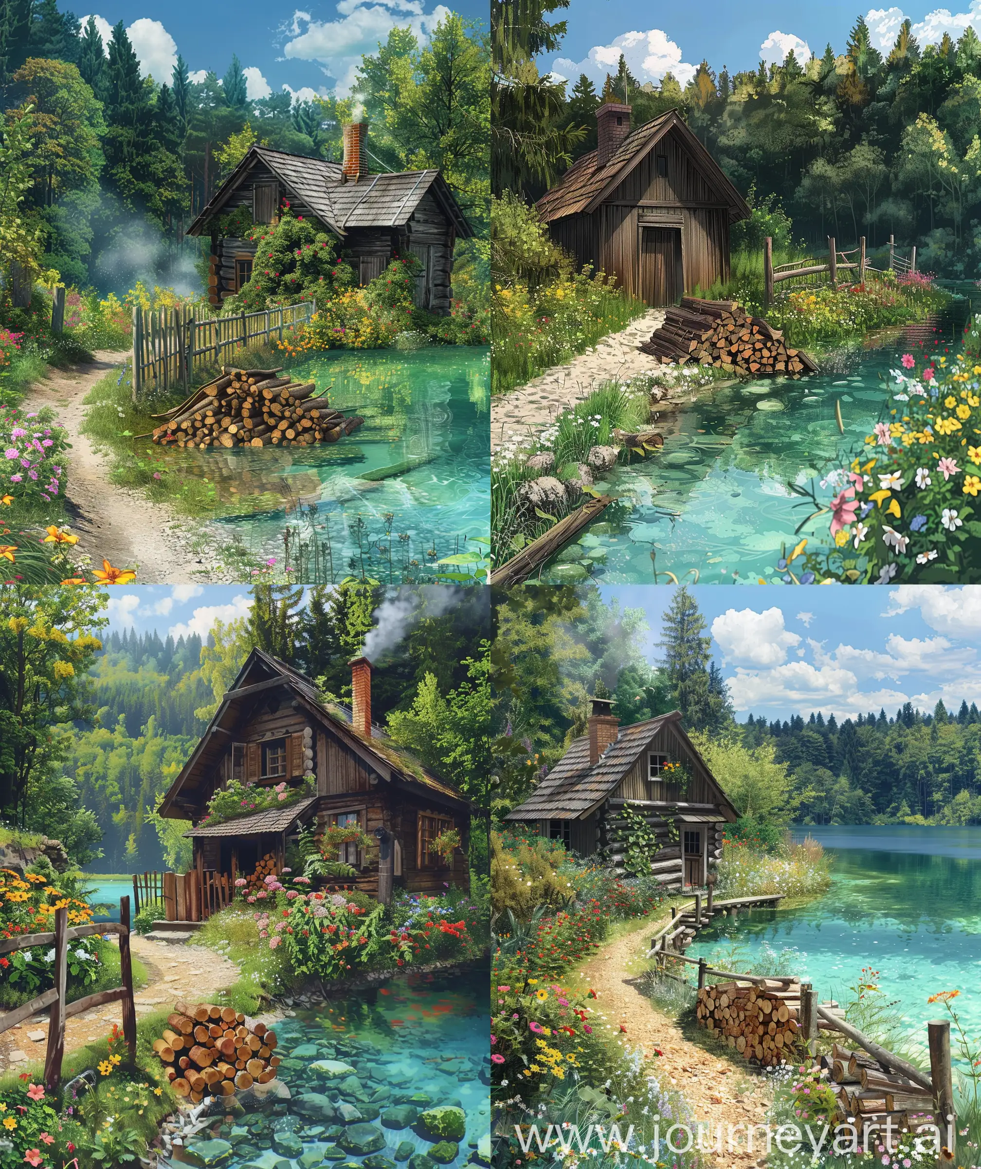 Anime scenary, day time, illustration, Białowieża forest , direct front decade view of small wooden cottage, wood pile beside cottage, wooden fence, chimney, flowers, beautiful colorfull flowers , view, path,  Cristal clear water, beautiful anime look, beautiful anime scenary, High quality, HD, illustration, no blurry image, no hyperrealistic --ar 27:32 