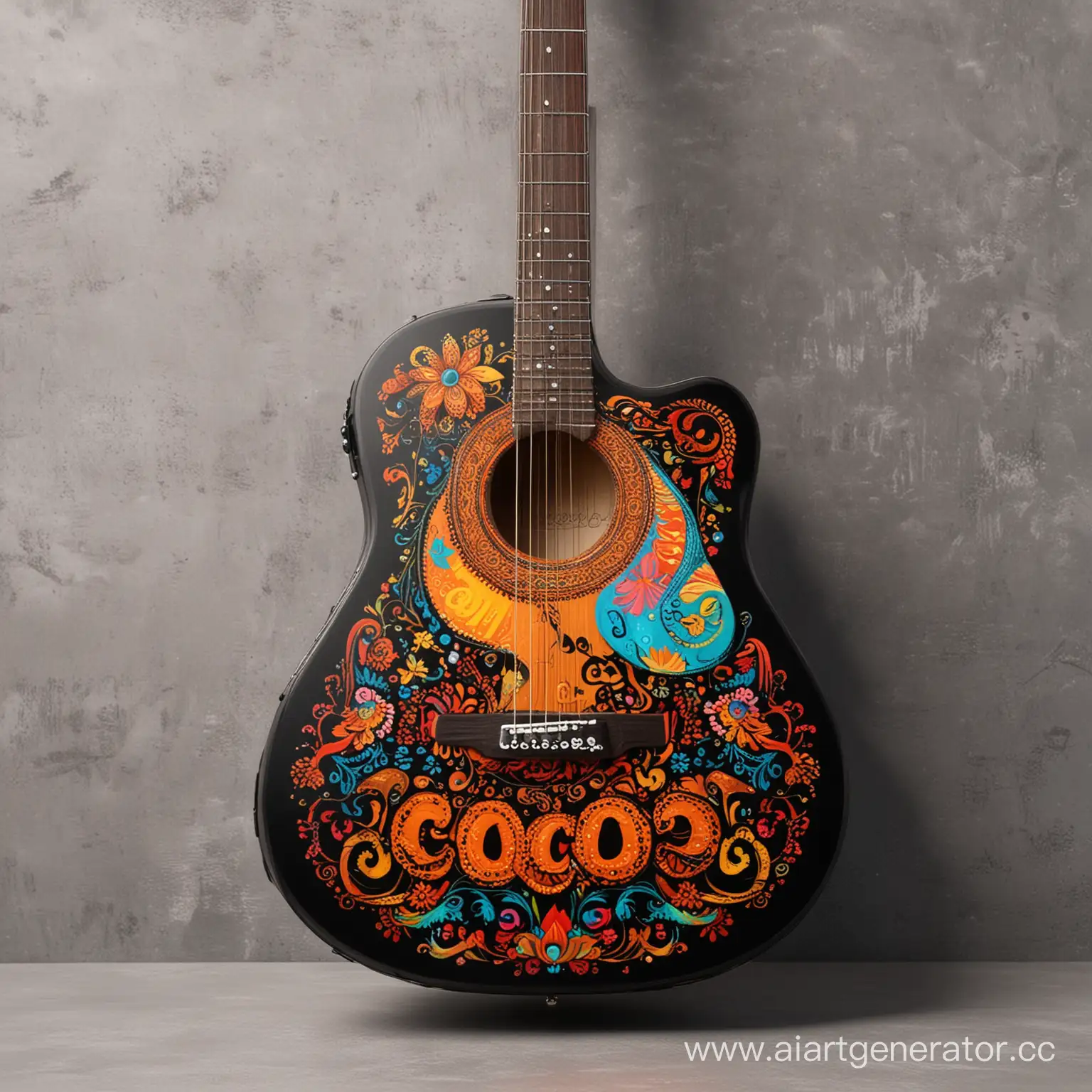 Акустическая гитара черного цвета с артом в стиле мультфильма тайна коко в ярких цветах