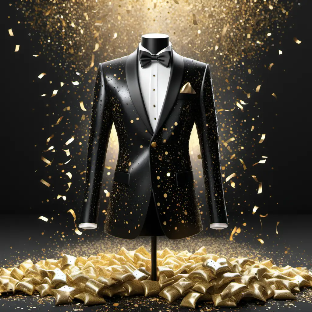black Tuxedo 3D Render with golden sequins, glitter and confetti, black tie formal, super realistic