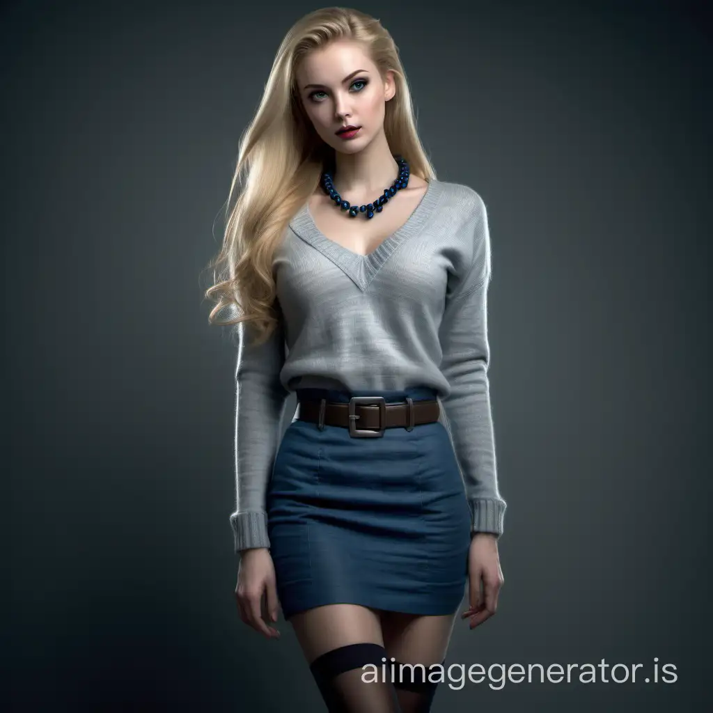 A very beautiful slender young woman with her long blonde hair pinned up, a large necklace, gray tight sweater, very deep neckline, blue tight very short linen skirt, belt, dark stockings, black pumps, detailed, photorealistic