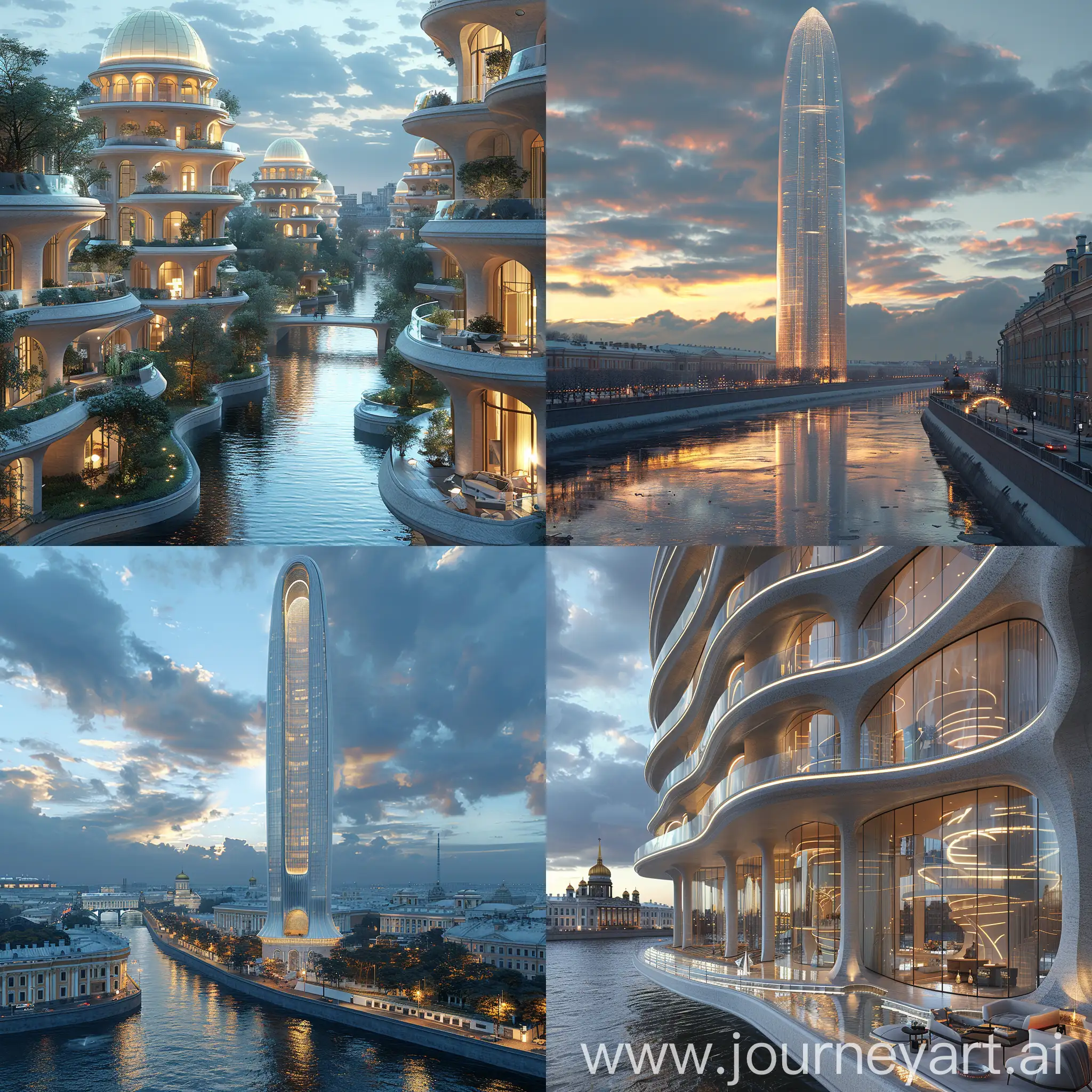 Futuristic Saint Petersburg, Eco-Friendly Skyscrapers with a Nod to the Past, The Neva River Reborn, The Hermitage Museum Gets an Upgrade, Sustainable Transportation, A City that Breathes, octane render --stylize 1000