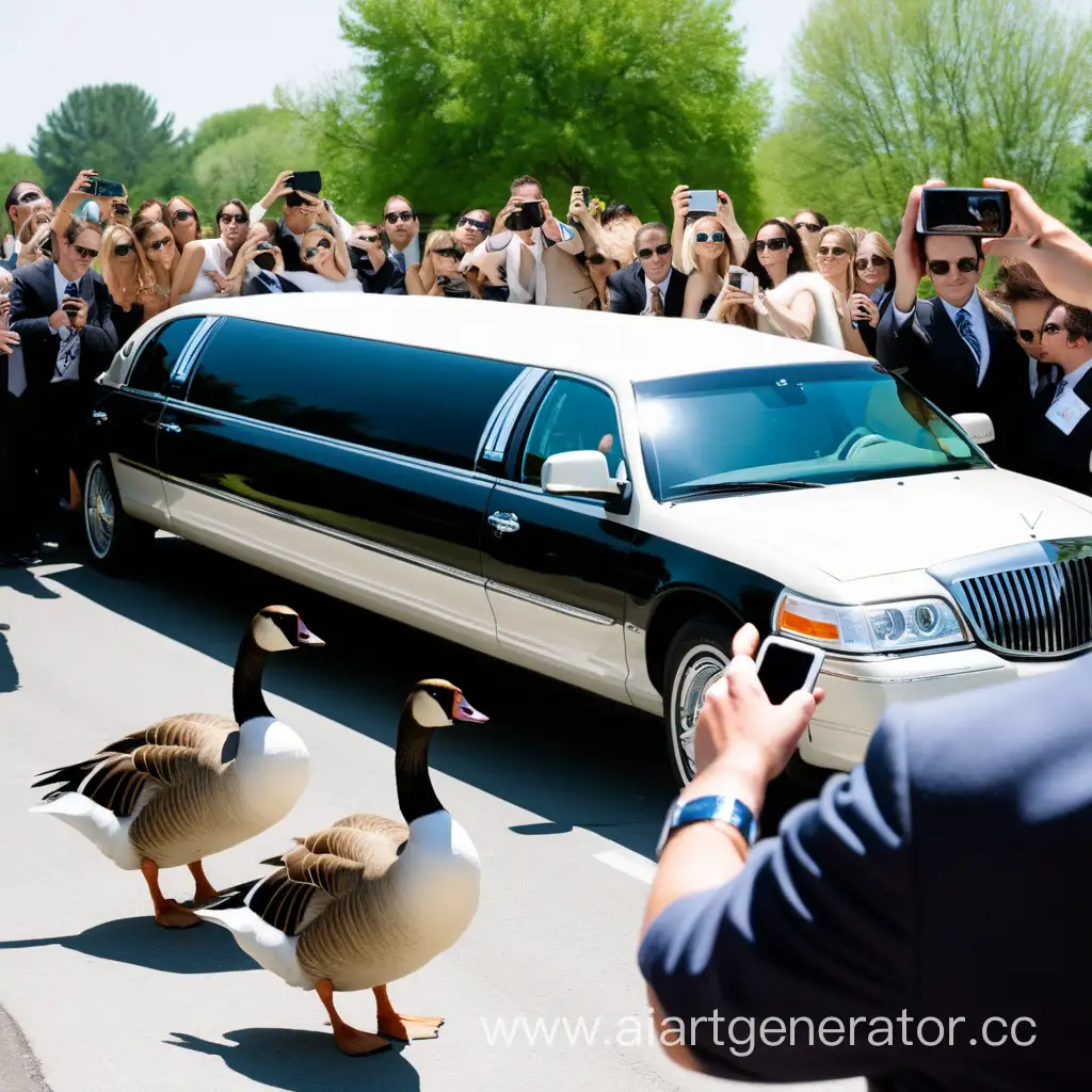 Celebrity-Goose-Rides-in-Limousine-Surrounded-by-Photographers