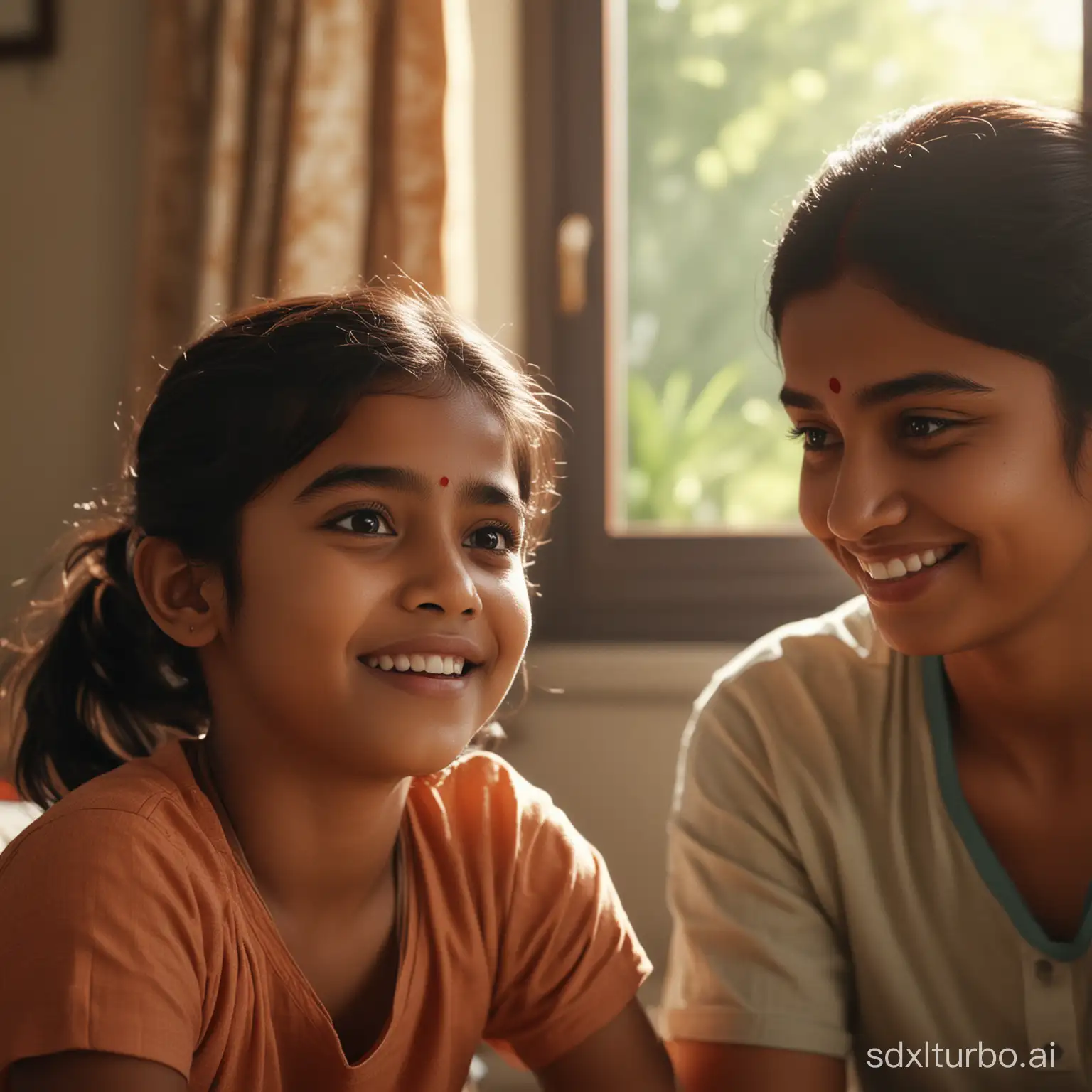 /imagine prompt: realistic, personality: a south indian  little girl Lily wakes up in the real world surrounded by her smiling parents, her face reflecting a mix of confusion and realization as she transitions back from her dream adventure. The warmth and love of her parents are evident in the gentle morning light illuminating the scene.unreal engine, hyper real --q 2 --v 5.2 --ar 16:9