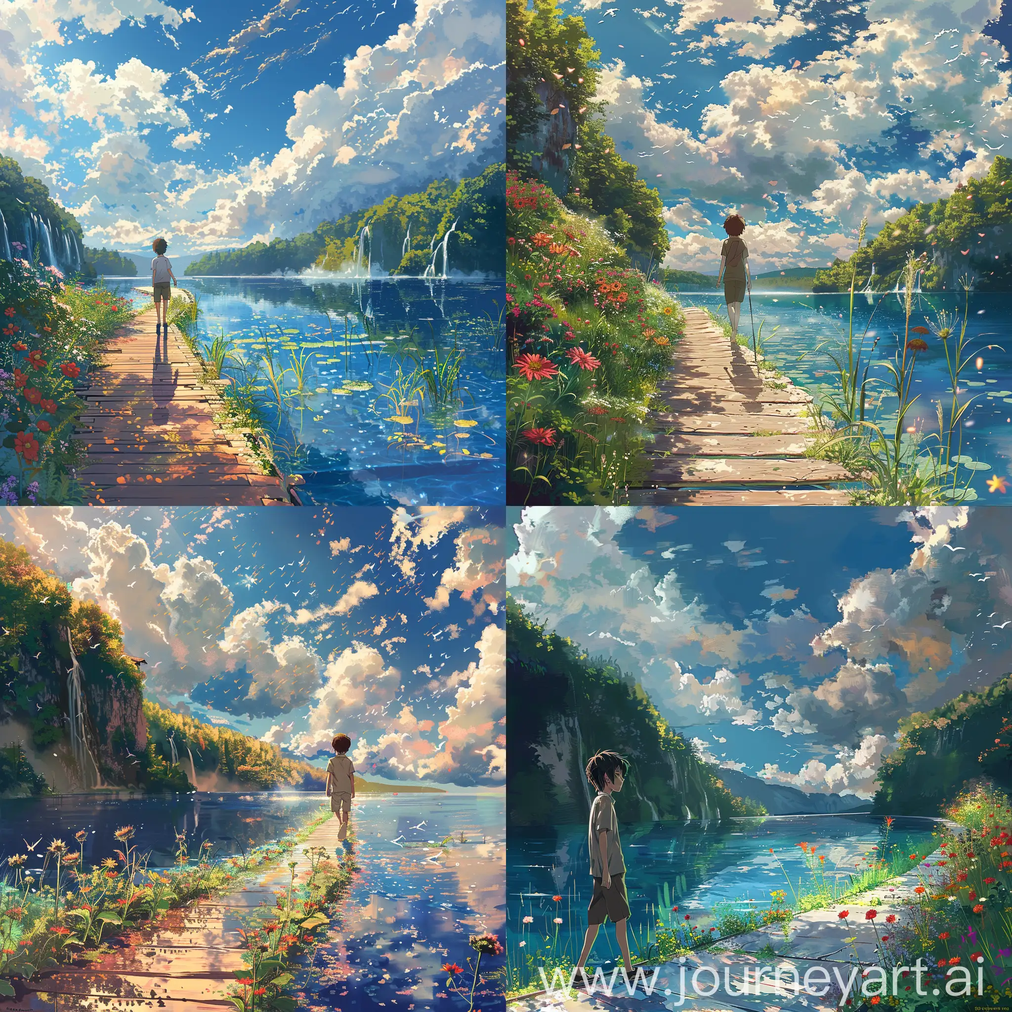 anime, boy walking down a walk way, side profile, Makoto Shinkai style, lost in the wonders of nature, where air and water have a seamless flow, clouds are fluffy, sky is beautiful, vibrant flowers, a little bit of grass, inspired from one of the most beautiful walkways in the world. Plitvice Lakes National Park, Croatia, everything is highly detailed, water is beautiful, nature's wond