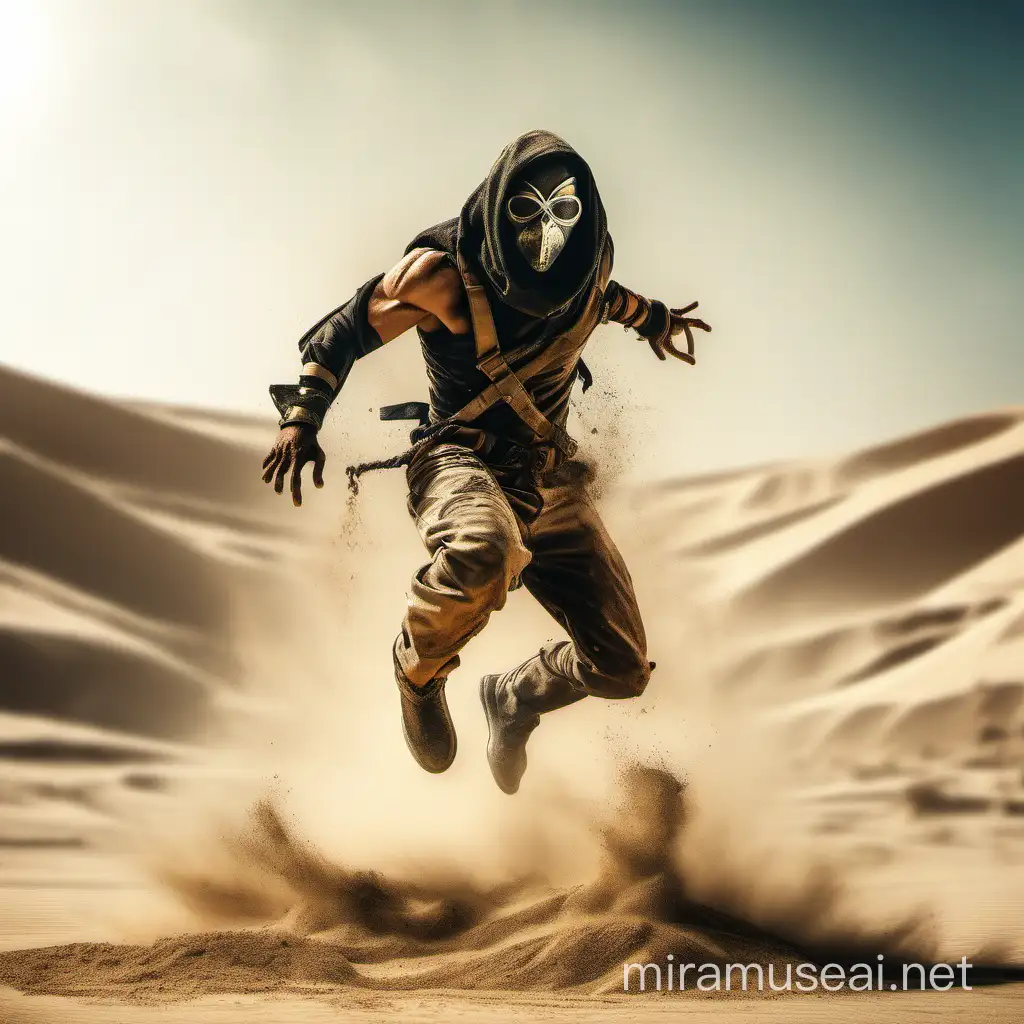 mutant warrior in a mask jumping out from under the sand in the air in a desert