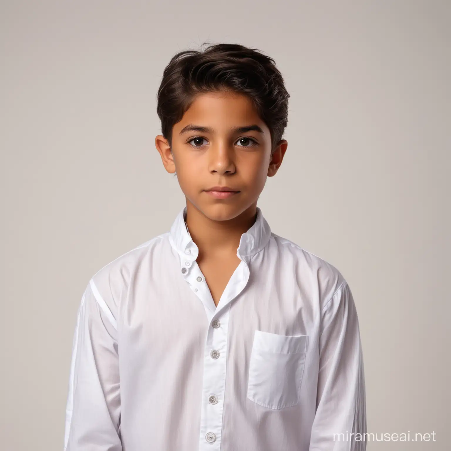 Niño latino en edad escolar vestido con una chemise blanca, con fondo de color blanco, retrato, 4K