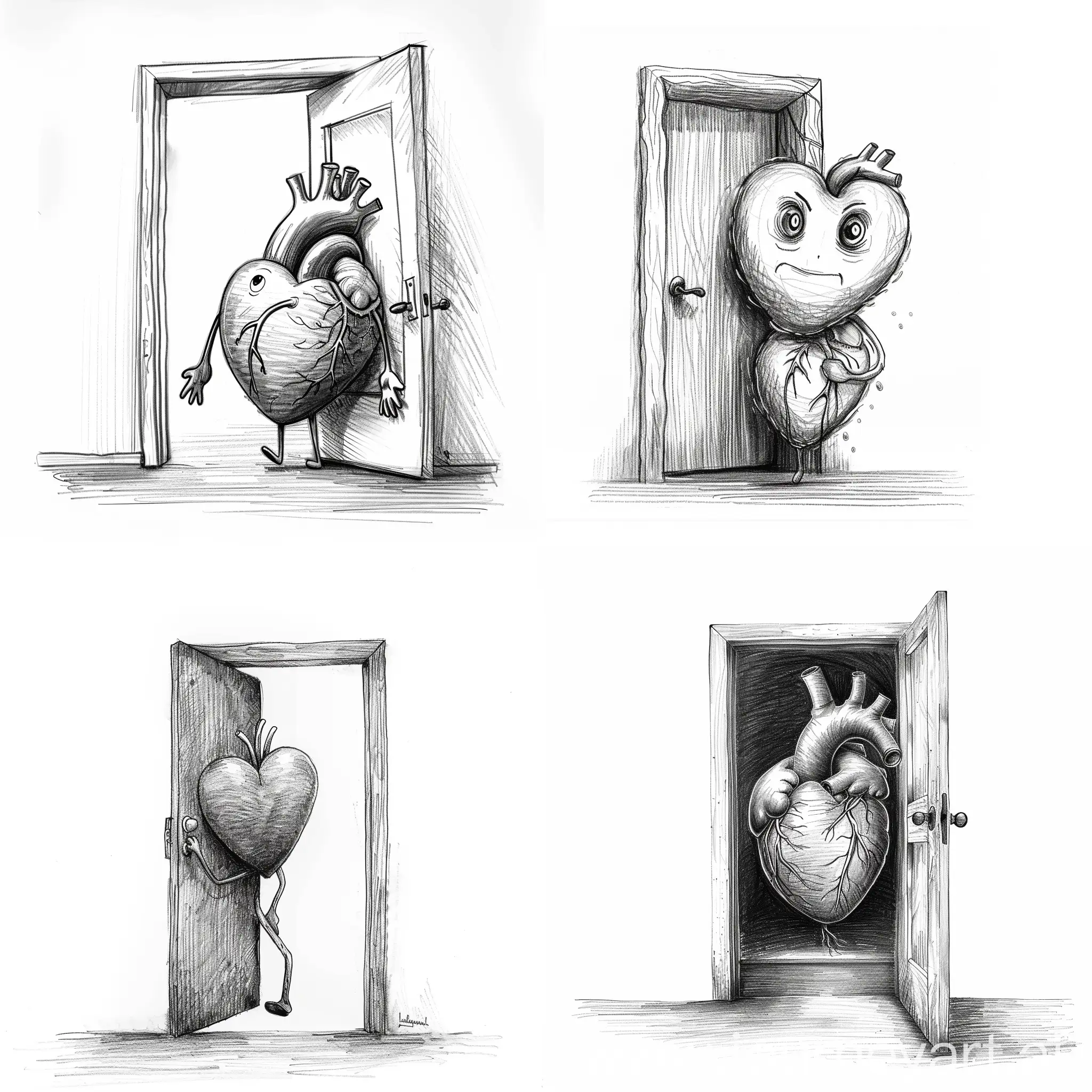 cartoon heart comes out of an open door, taking a step, frontal view, in contour pencil technique black and white drawing, without background, T-shirt drawing