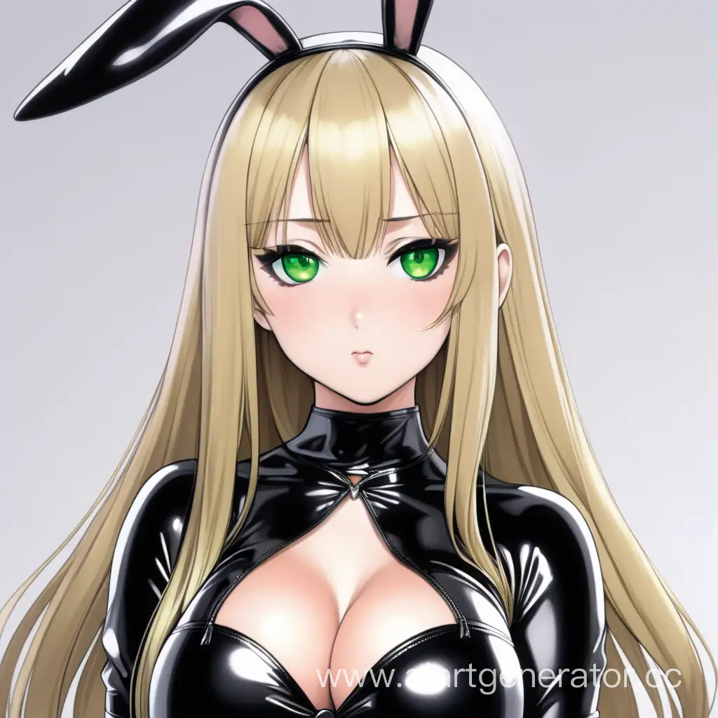 A girl with big breasts, green eyes and long straight blonde hair, dressed in a black latex rabbit costume, anime style