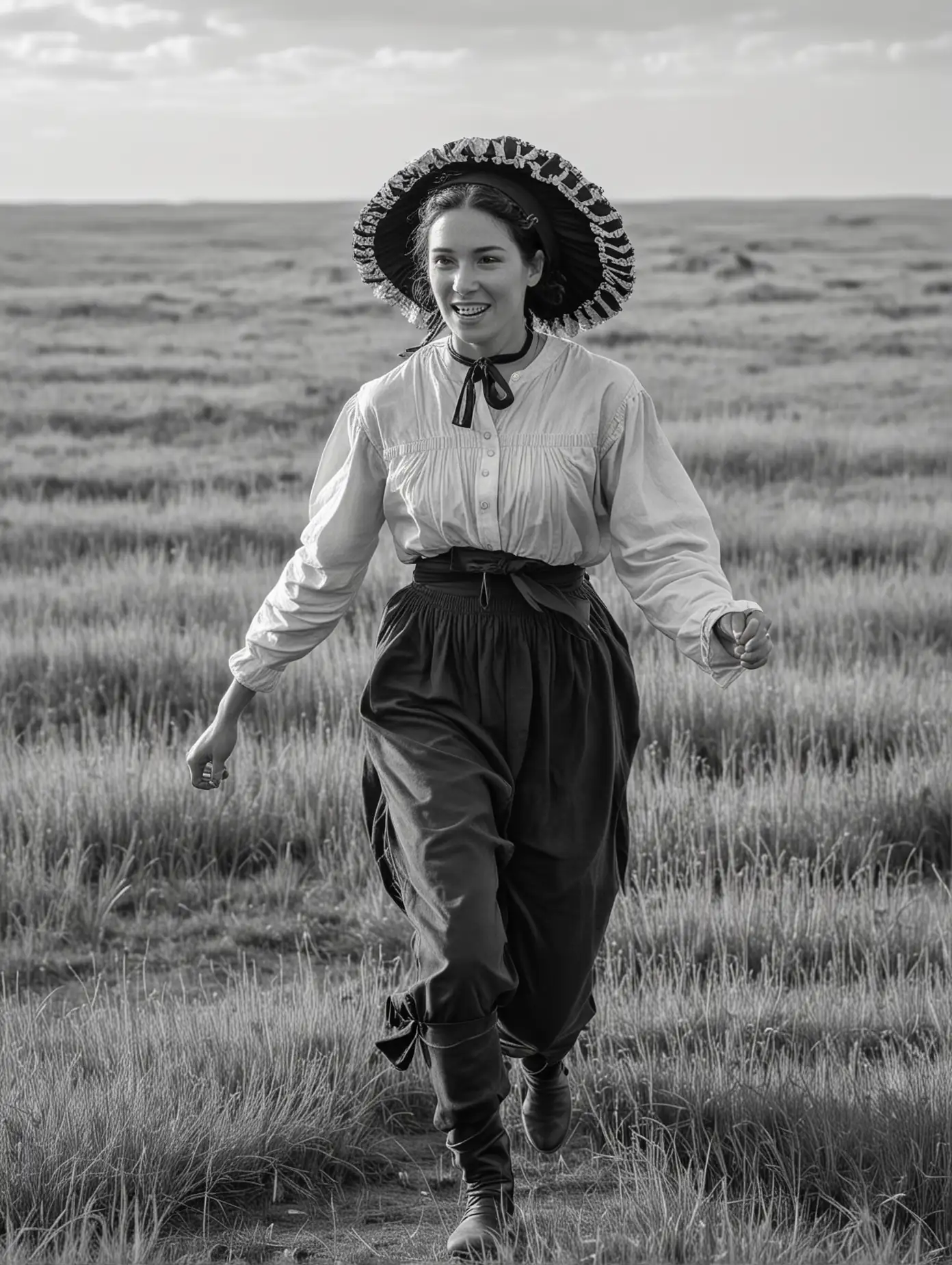 A woman runs through the prairie. She is a pioneer and wears a bonnet. There are buffalo in the background. she is seen from the side. In black and white. 