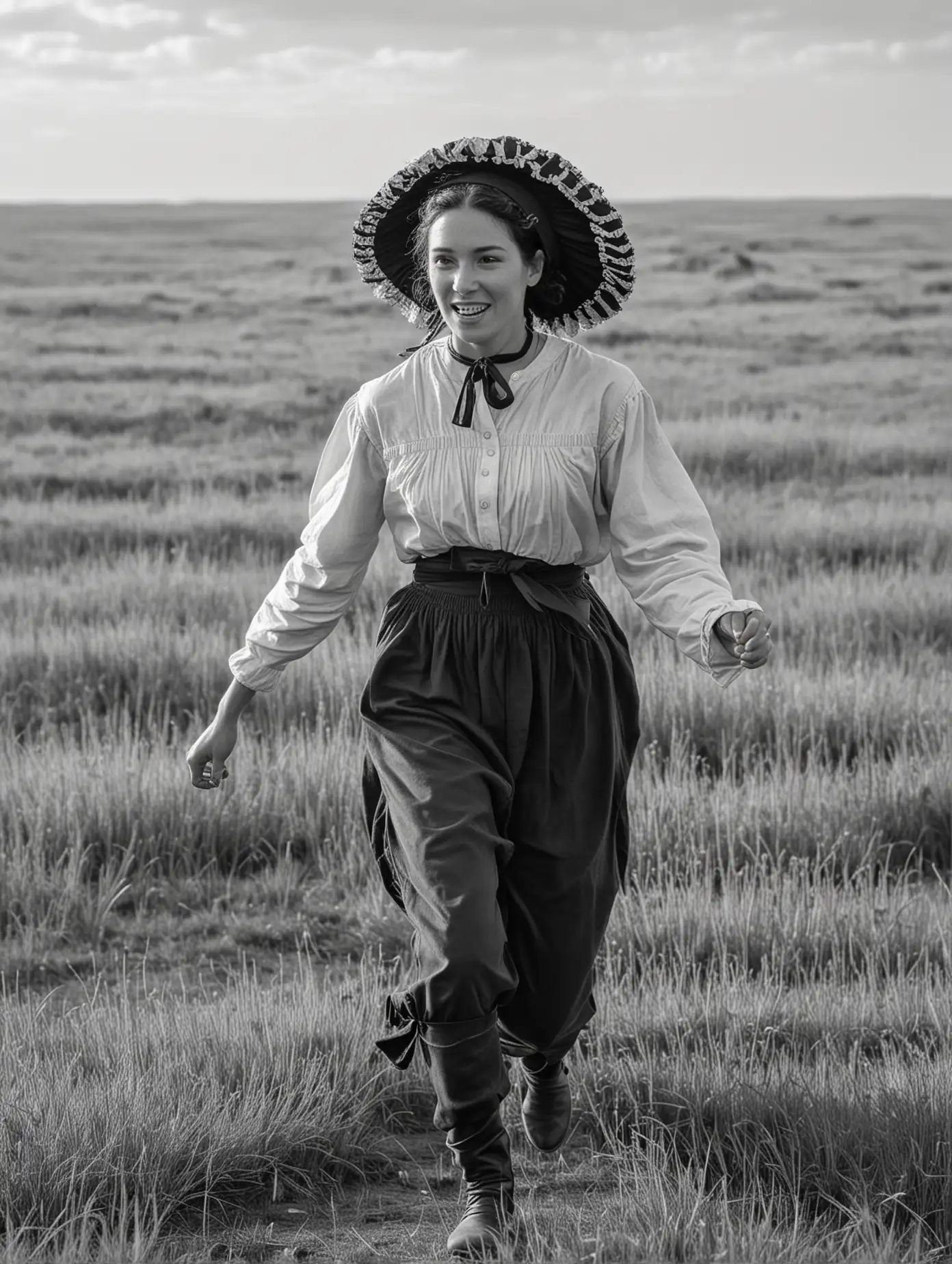 Pioneer Woman Running Through BuffaloFilled Prairie in Black and White