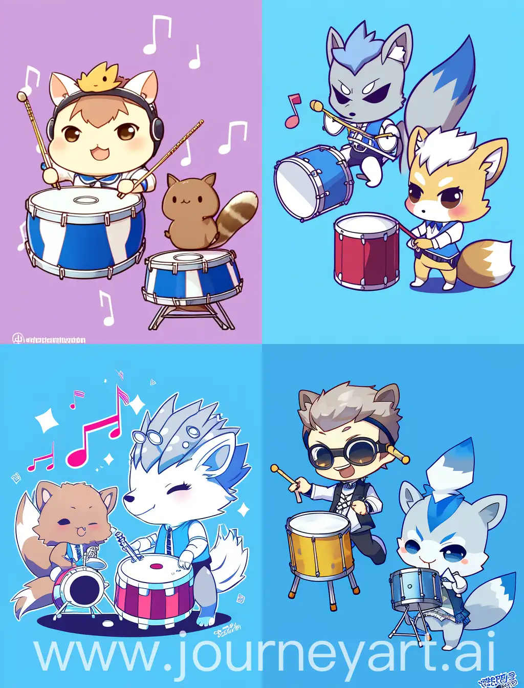 chibi squirrel and anime guy playing drums, with blue solid background, 