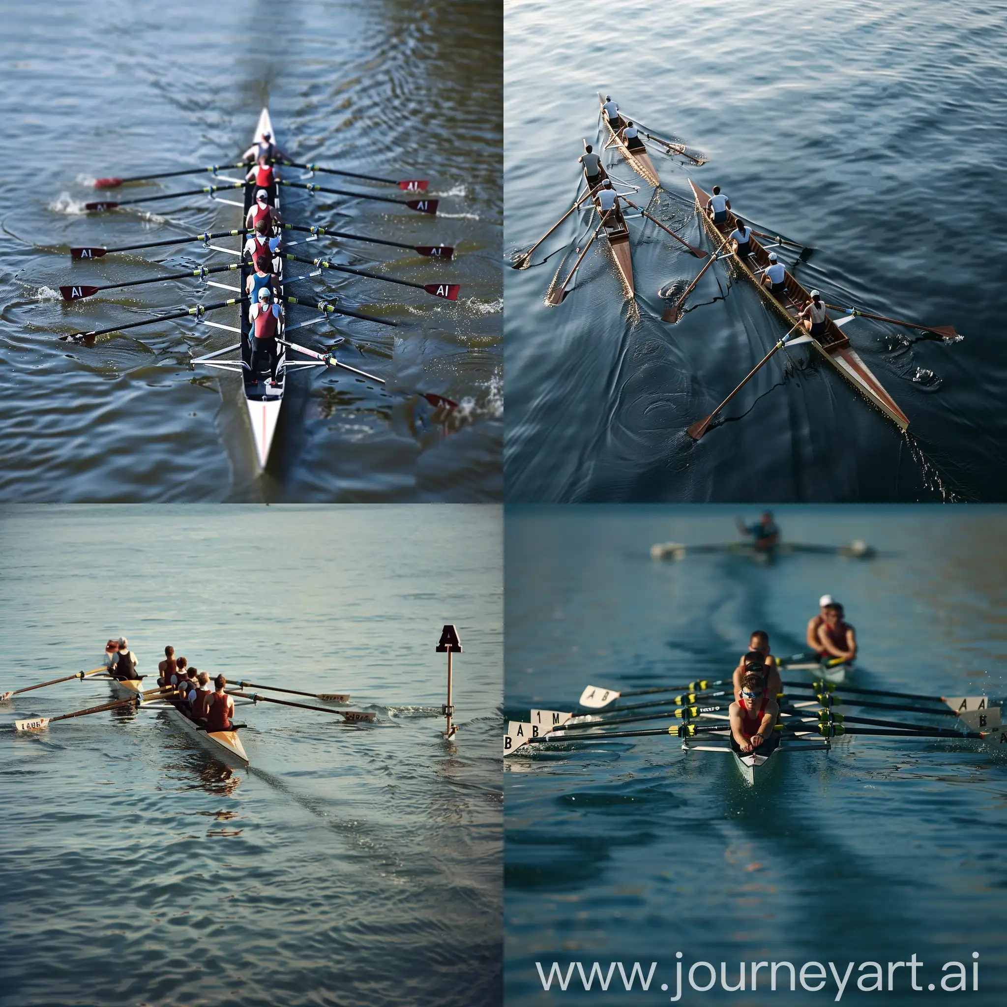A rowboat competition with three teams:  Team A: All members are actively rowing leading the pack in first place. Team B: Half of the members are rowing, putting them in second place. Team C: Only one member is rowing, far away from the other teams, in third place. Additional Details:  The teams are very different, highlighting the different strategies and the distance between them