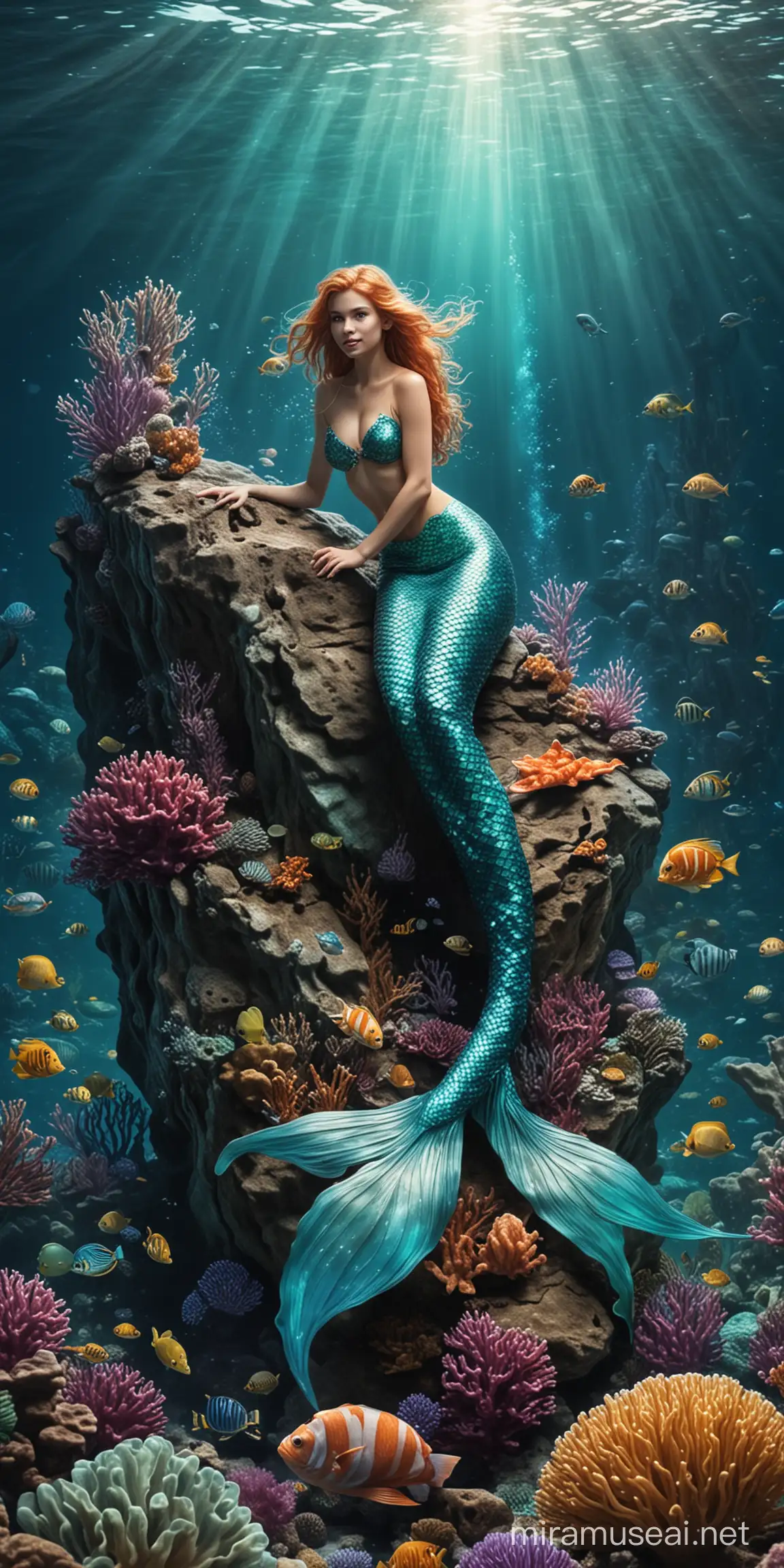 Serene Mermaid Resting on Rock Amidst Vibrant Sealife
