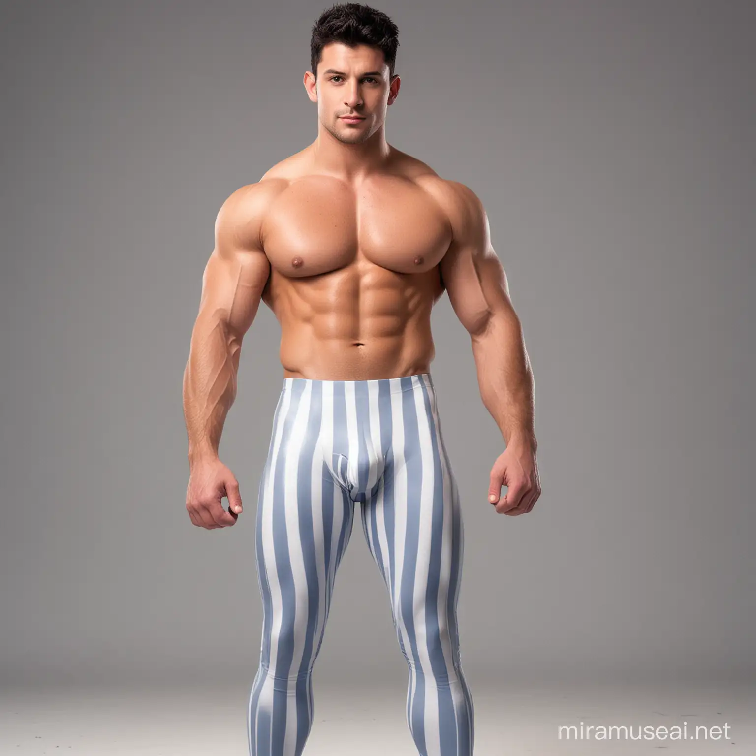 Charming shirtless muscular 28 year old male Argentine wrestler, with short black hair, slight tanned skin and grey eyes, wearing  long periwinkle spandex leggings (with vertical white stripes), well defined buttocks, rear view, in cartoon network style.