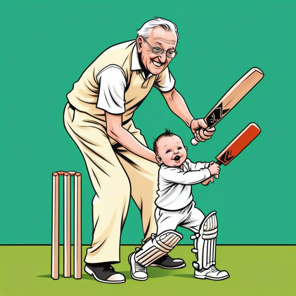 simple cartoon drawing of grandad playing cricket with baby coloured background