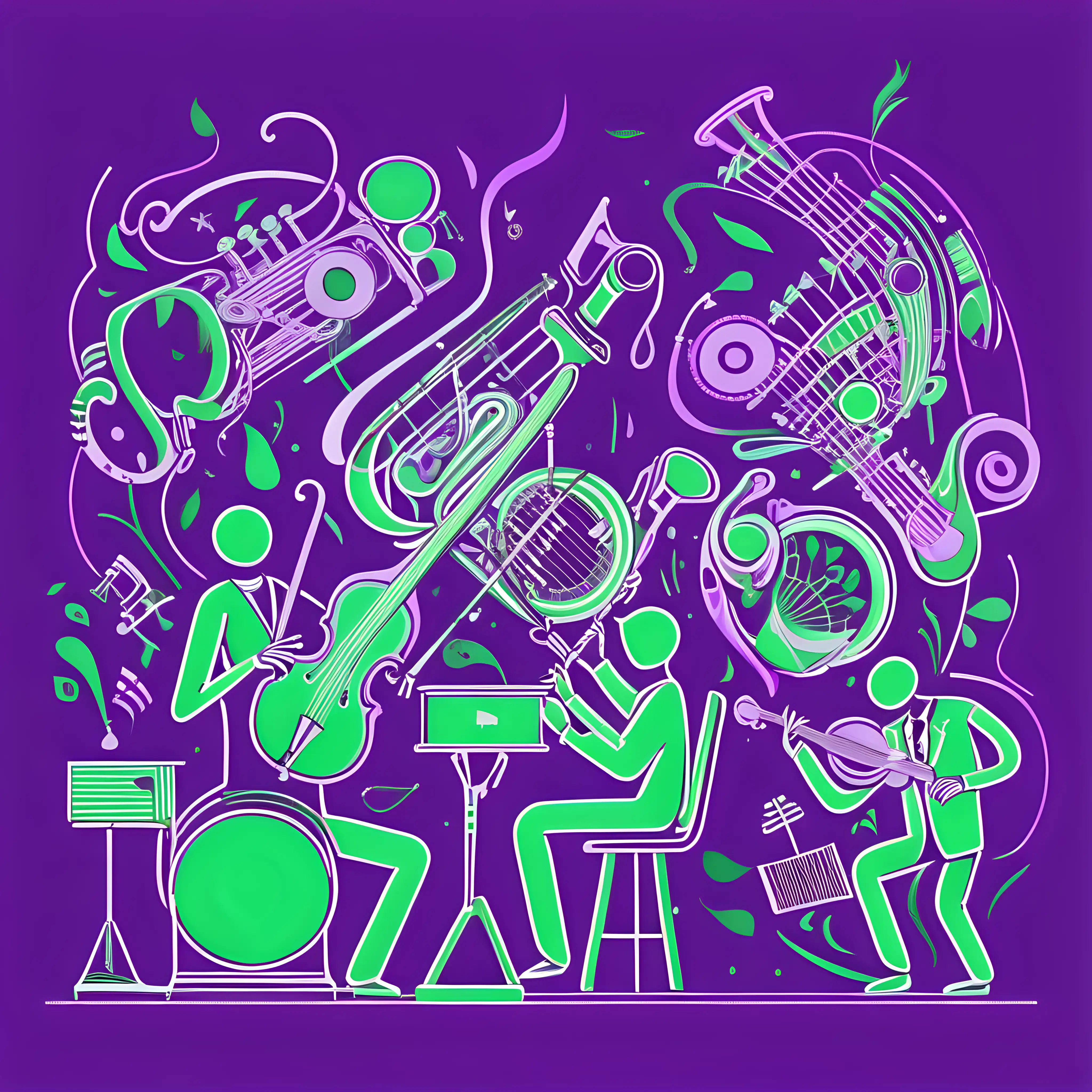 organic, mechanical musical instruments, musicians playing each others in a creative and abstract scenario. Draw using purple and green vectors