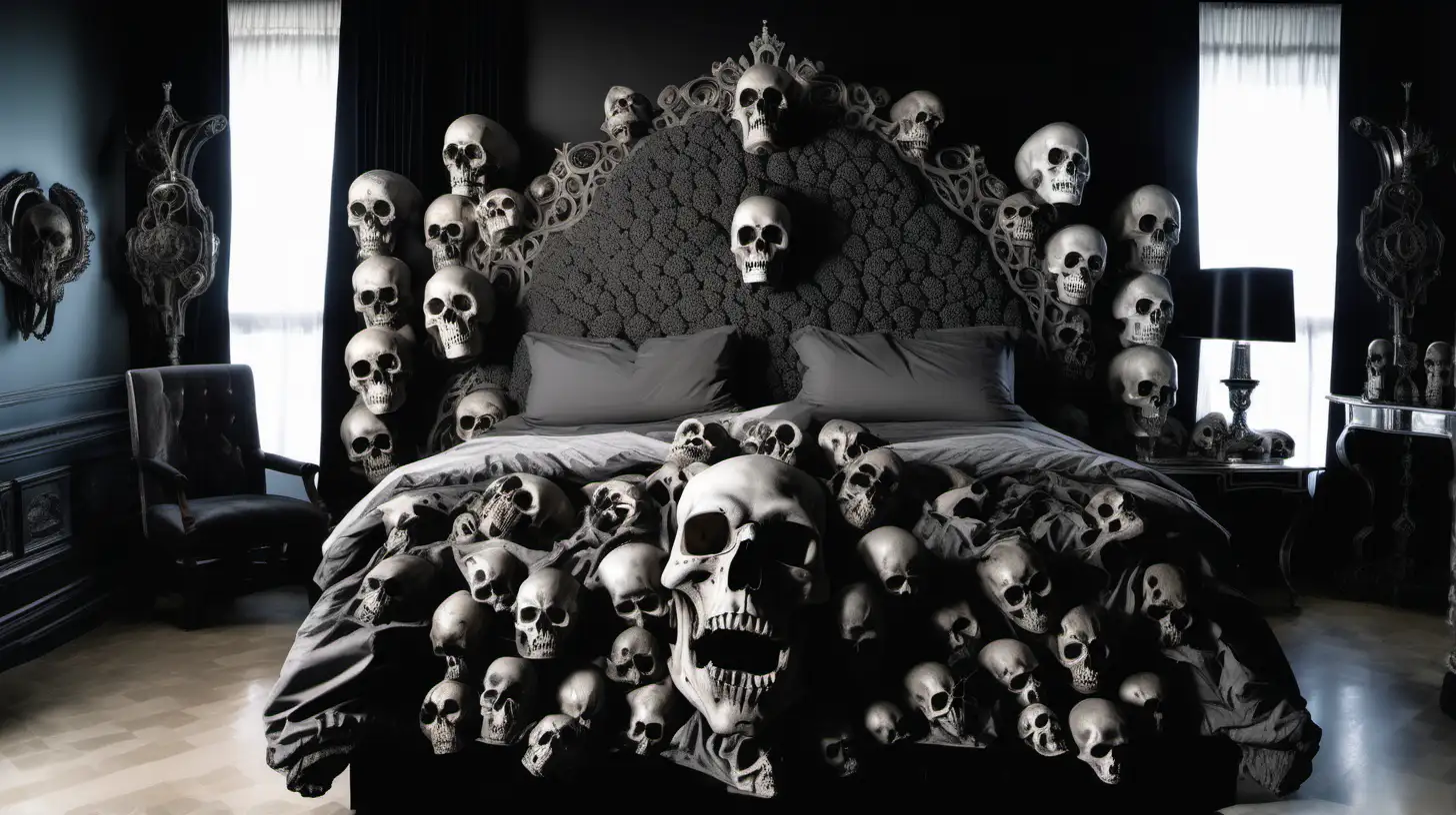 A queen-sized bed, with the frame made out of gray polyurethane in skull shapes, black sheets, a huge headboard made out of human skulls. Highly detailed, photographic quality, dim lighting.