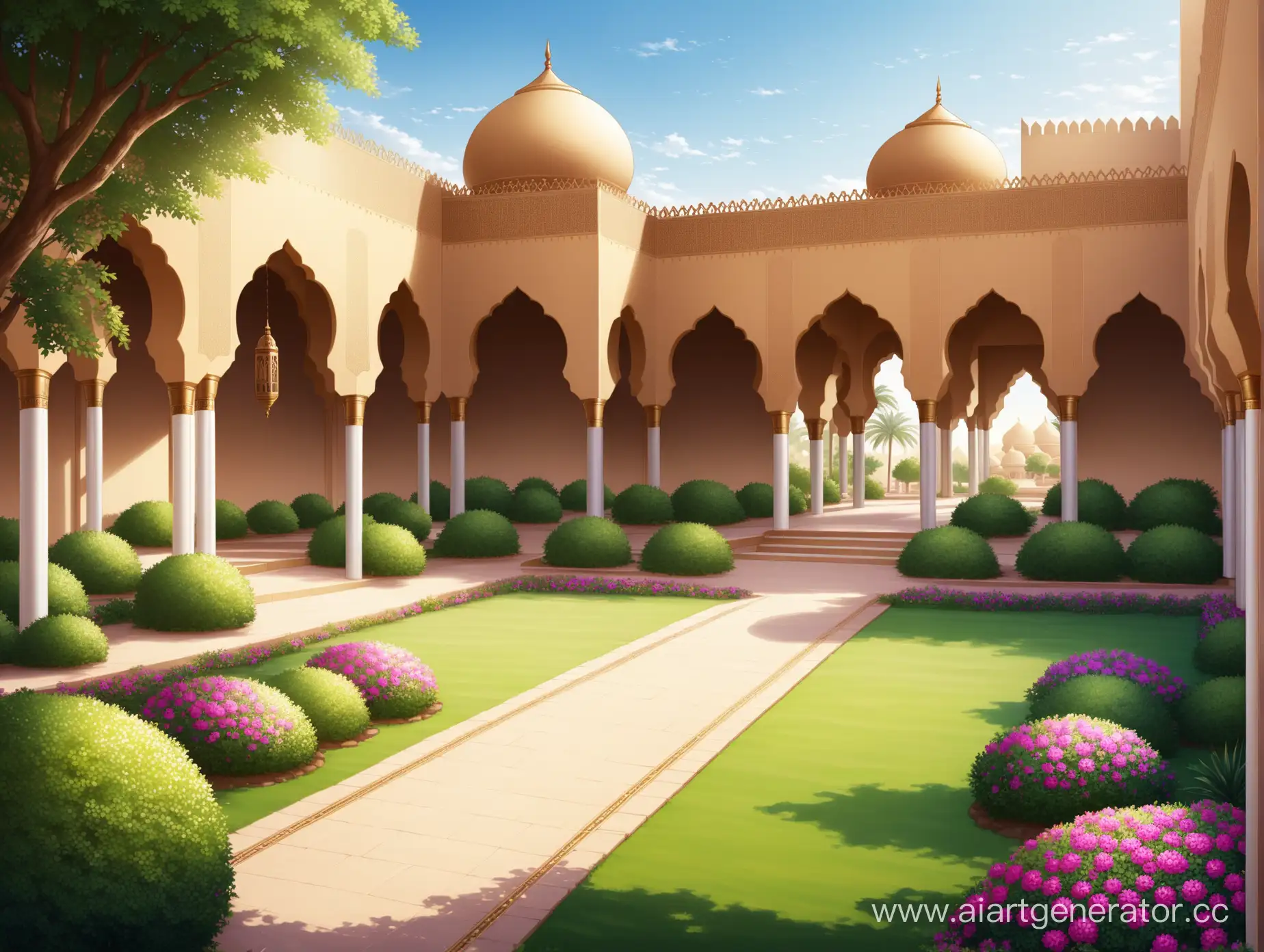 Vibrant-Arabian-Garden-with-Ornate-Fountains-and-Lush-Flora