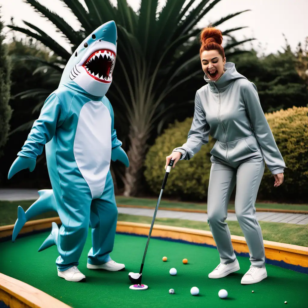 young man and woman dressed in shark suits 
playing minigolf