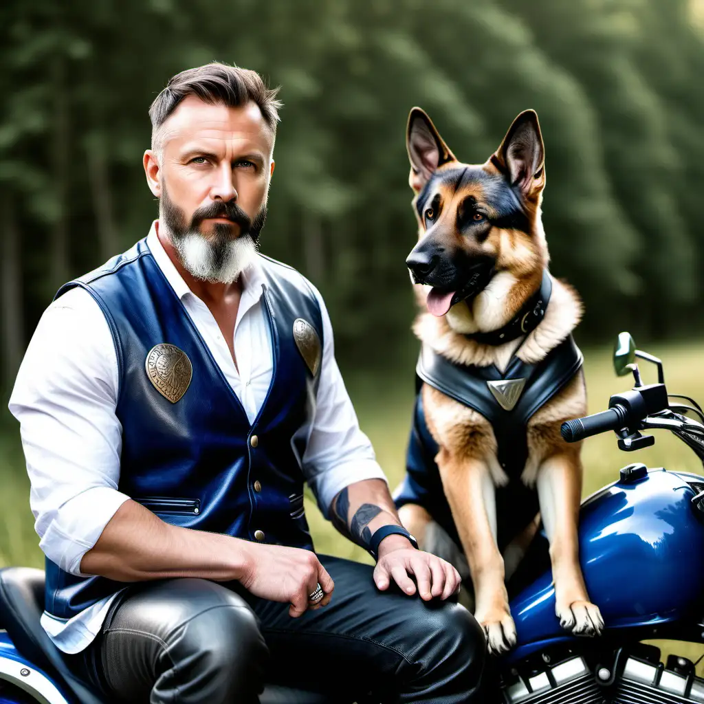 create viking caucasian male aged 40 years old with beard in blue leather vest and white shirt and dark blue motorcycle helmet with engraved V letter together with a german shepherd dog