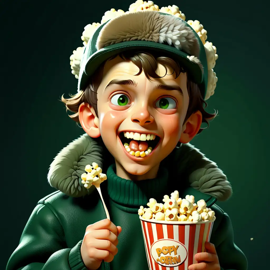 Cheerful Boy in Ushanka Enjoying Popcorn in Lush Green Setting