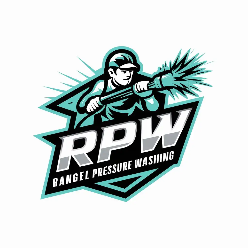 Design a dynamic and eye-catching logo for RPW, write the words Rangel Pressure Washing below the letters, add a pressure washing worker, The logo needs to show elements of pressure washing