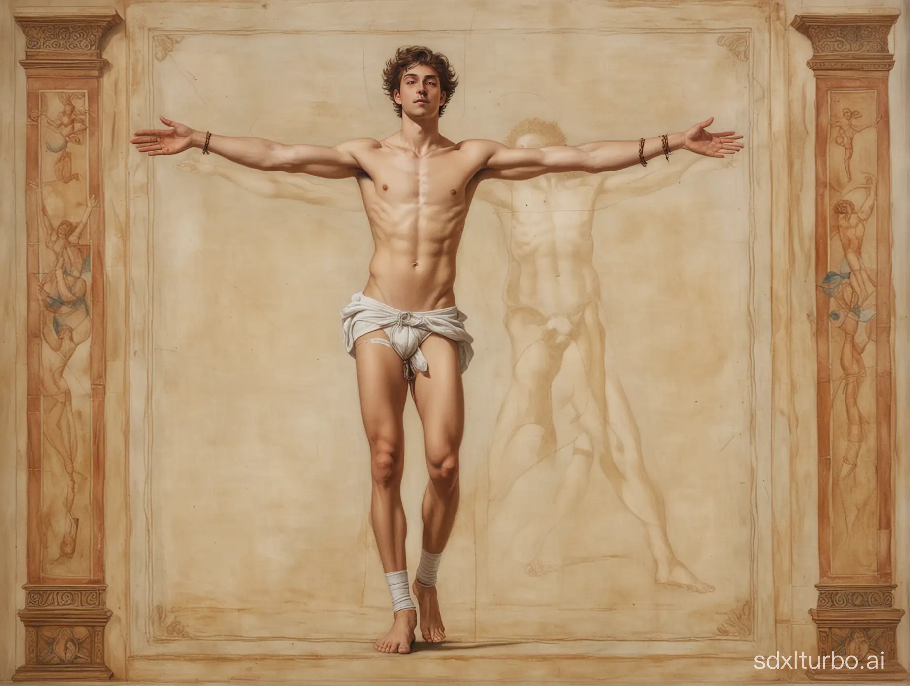 renaissance painting of a modern day young man standing with his arms and legs outstretched like the vitruvian man, the young man wearing underpants and a crop top