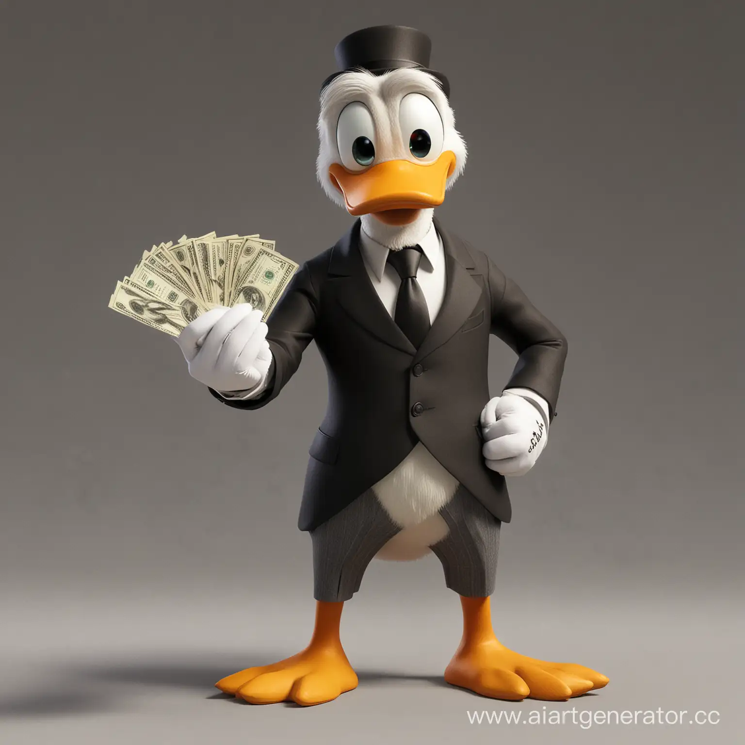 a scrooge mc duck in a suit and tie with a wad of dollars in his hands.:: pixar::1 accentlighting::1 --v 6 --ar 16:9