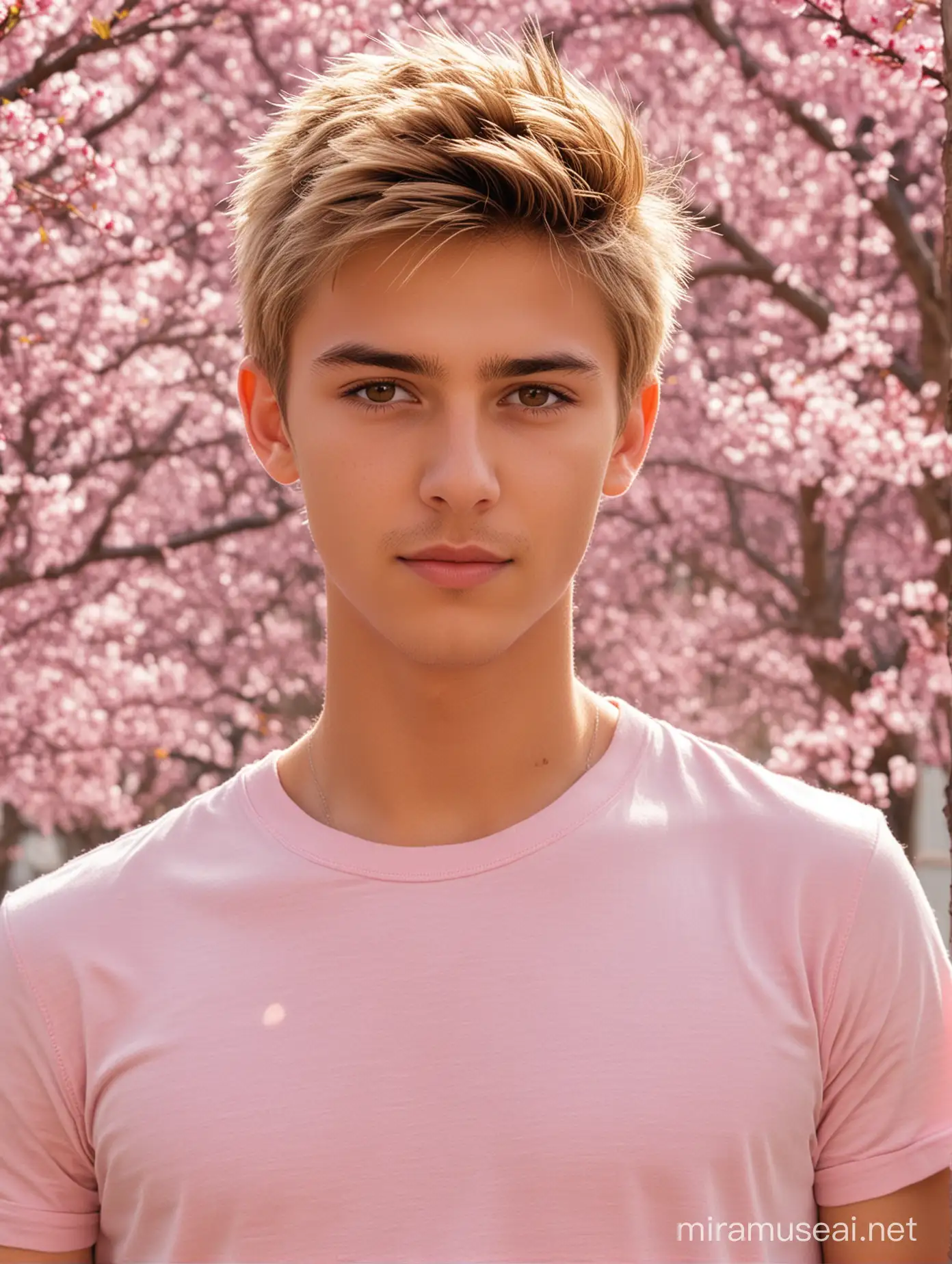 Very handsome,,boy,boy,17 years old,(beautiful vivid ochre-brown eyes with 3D light reflection),back,athletic figure,close-up hands And fingers,tan,blonde hair,athlete,golden blonde short cropped spiky hair hair,close-up  skin and fine beard, wearing a light pink T-shirt, black jeans, standing outside, spring nature, orchards and cherry blossoms,