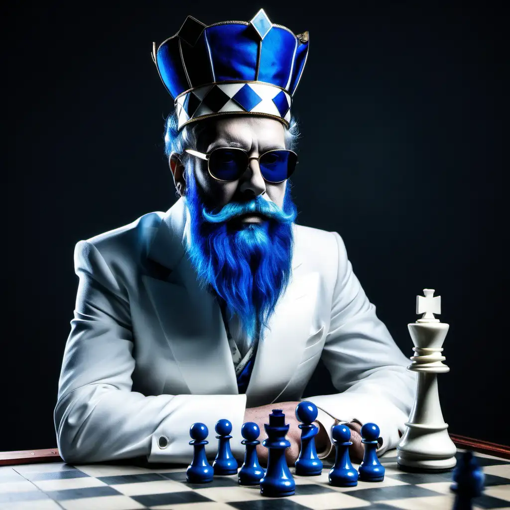 aristocrat with blue beard as white chess king on board