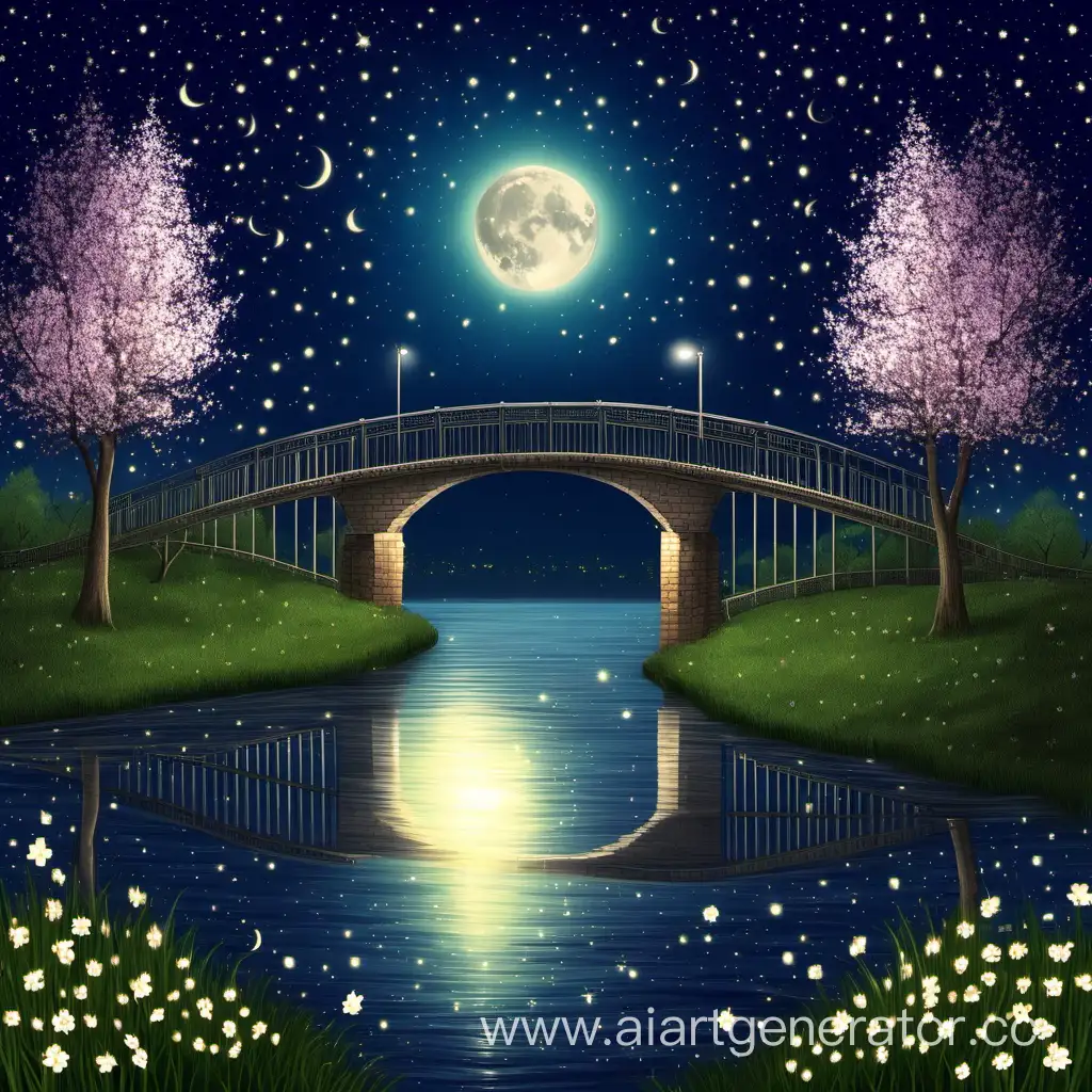 Enchanting-Spring-Night-Moonlit-River-and-Bridge-under-a-Starry-Sky
